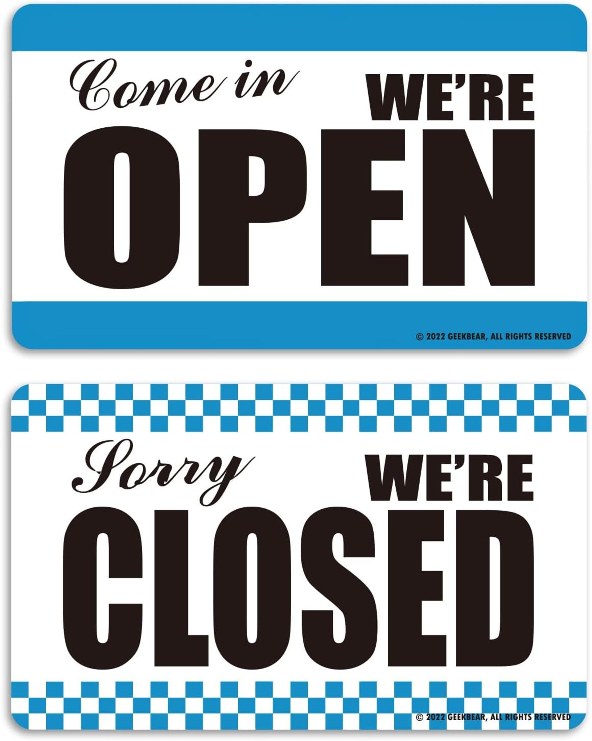 Open Closed Sign for Business Double Sided Acrylic Hanging Display Board with Rope - Blue Checkerboard 25x15cm