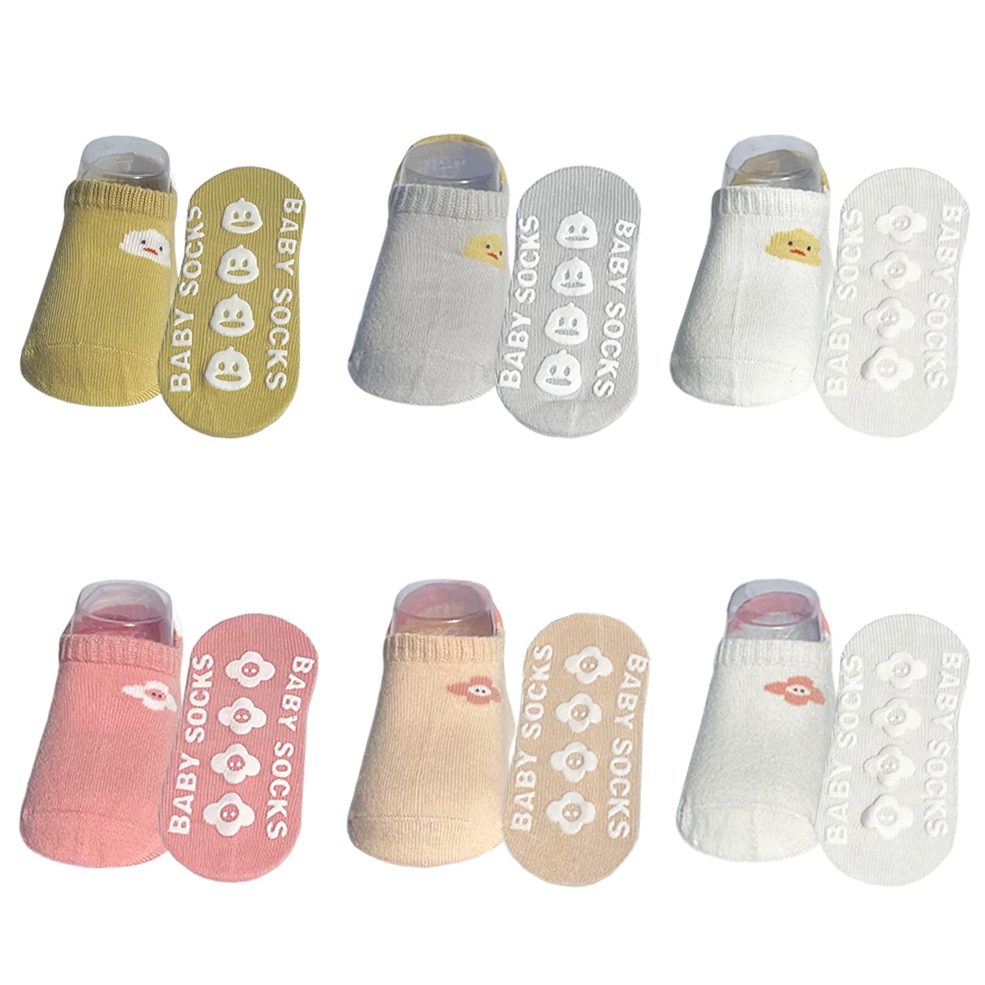 6 Pair Baby Ankle Socks with Grips, Non-Slip Cotton for Toddlers 3-5 Years - Yellow/Pink