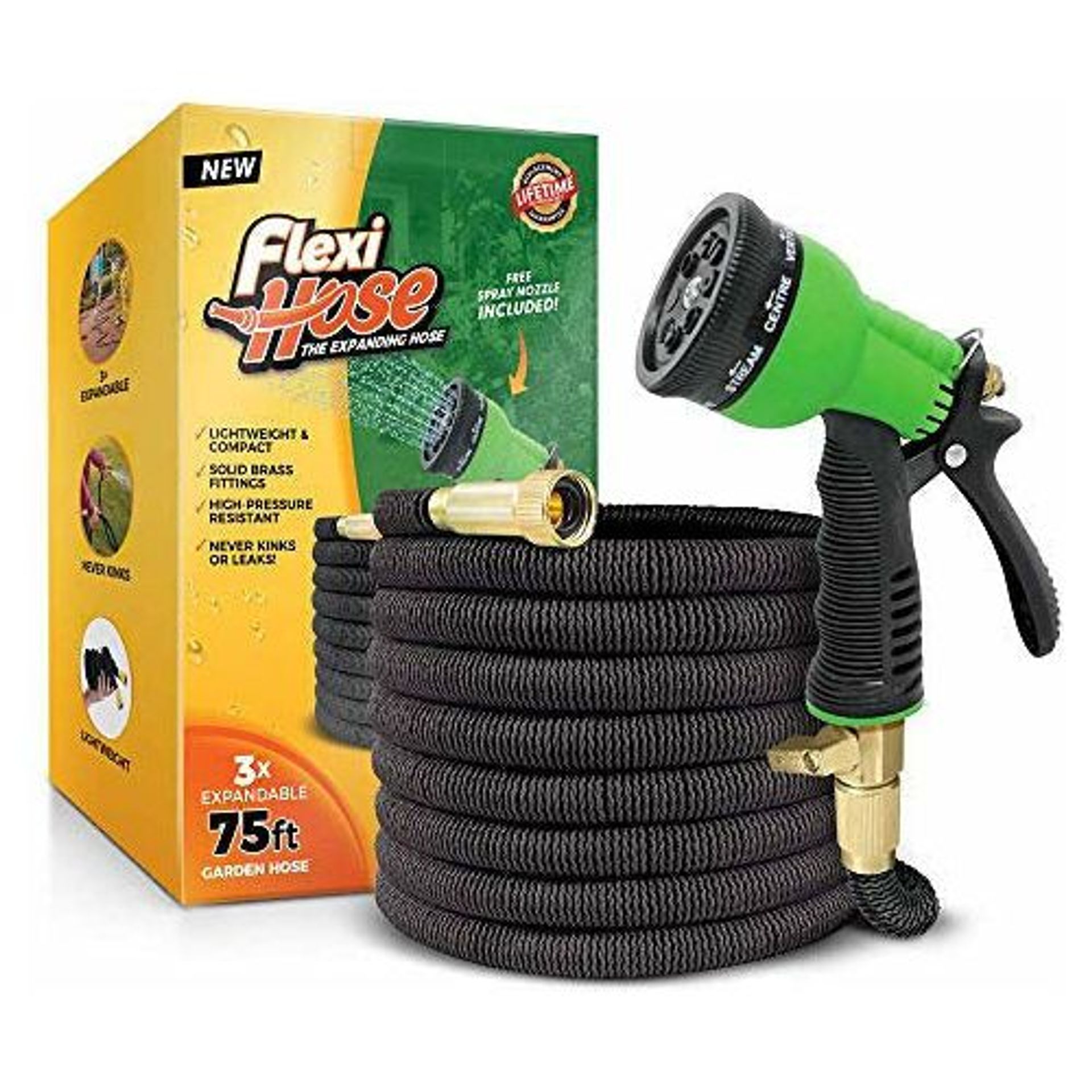 Expandable Garden Hose Flexible Heavy Duty Retractable Water Hose with Brass Fittings and 8-Pattern Spray Nozzle - Black 75FT