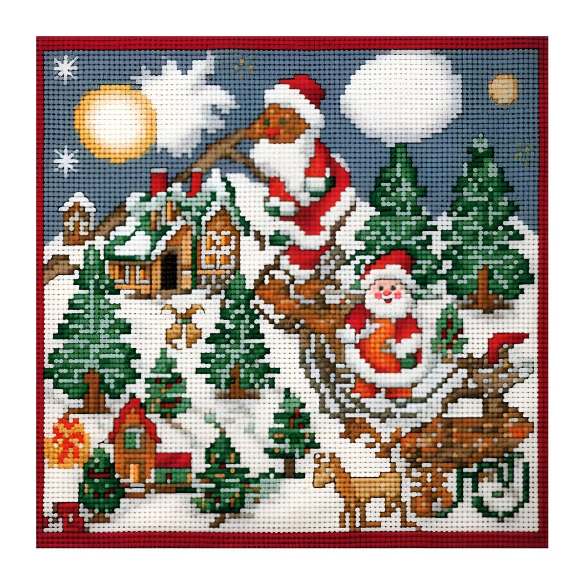 Christmas Santa Cross Stitch Kit 14x14 in - Easy Embroidery for Adults & Beginners