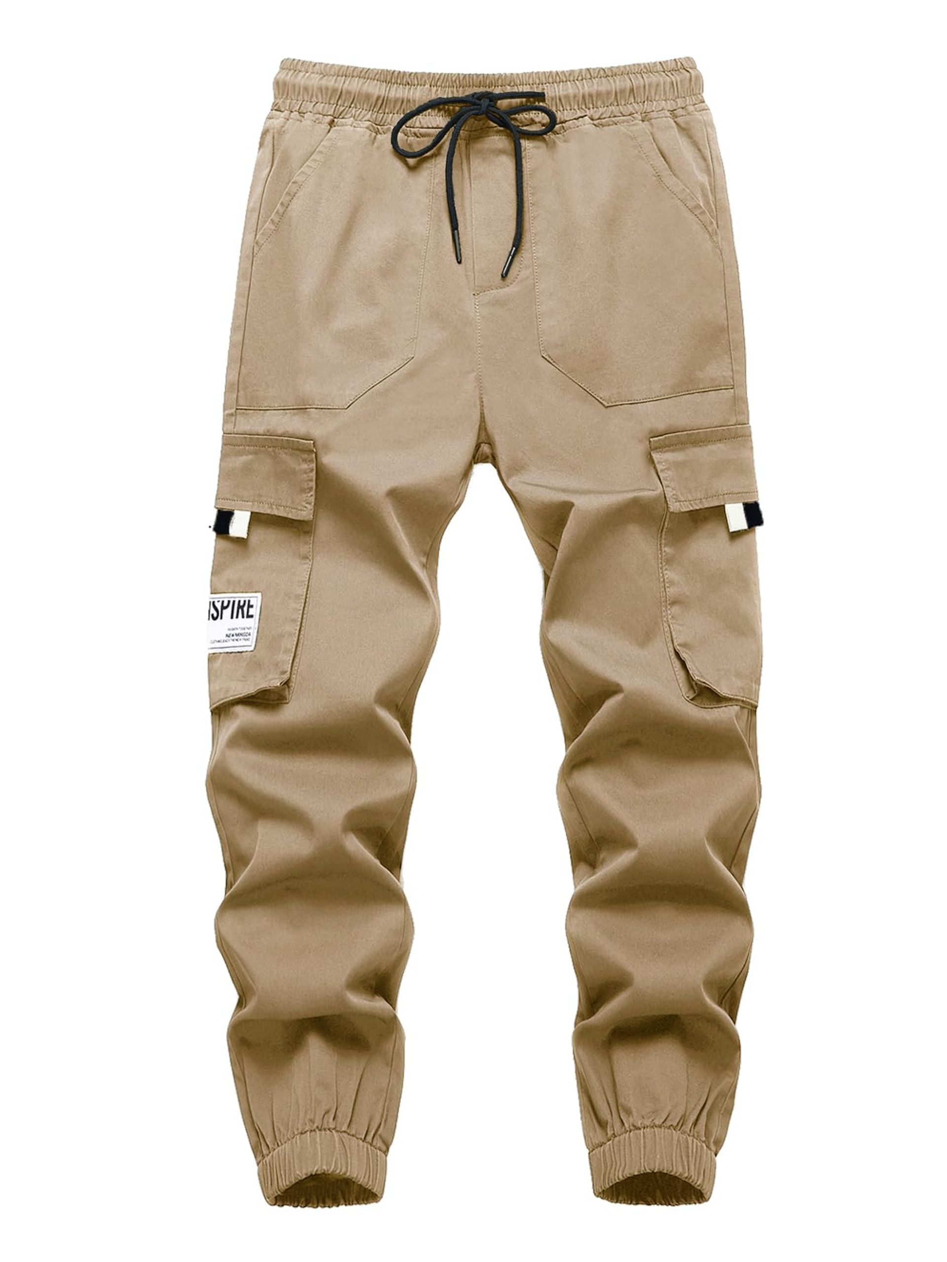 Boys Cargo Trousers Elastic Waist Multi Pocket School Jogging Pants - Khaki 13-14 Years