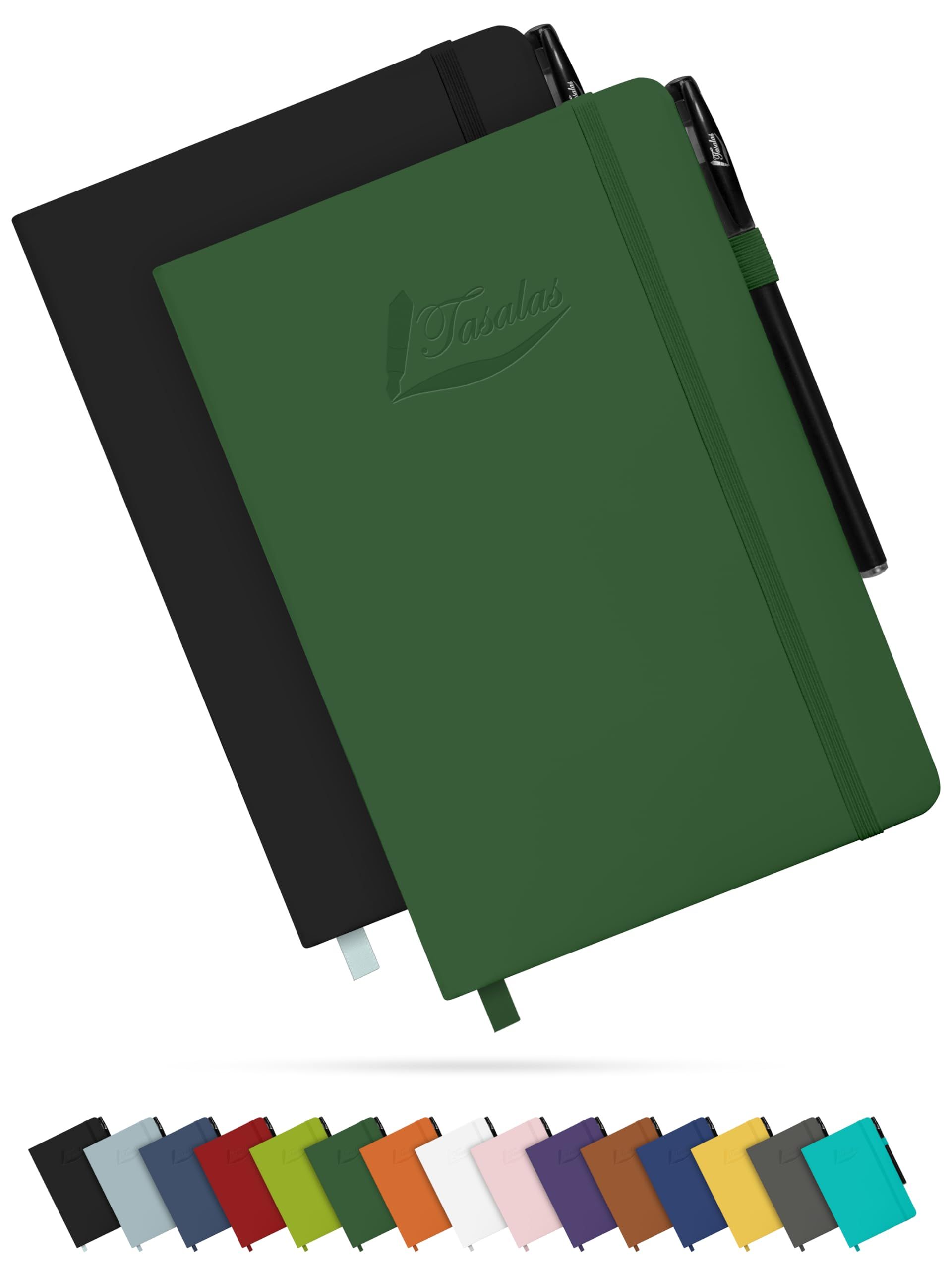Tasalas A5 Notebooks 2 Pack with Pen - Black & Green, 200 Lined Pages, Soft Cover, Journal Notepads