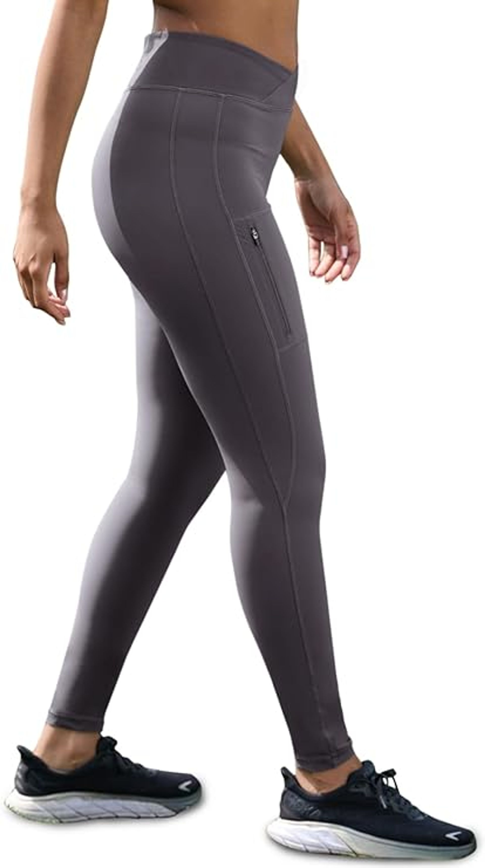 High Waisted Gym Leggings for Women UK with Pockets, Stretch Yoga Pants, Tummy Control Workout & Running Tights - Size L Grey