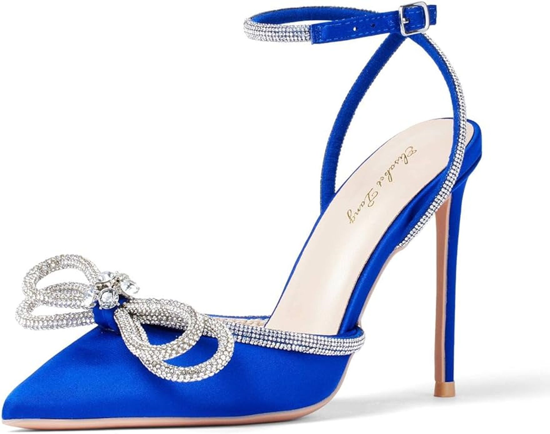 Women's Rhinestone Bow High Heel Satin Court Shoes with Ankle Strap - Elegant Pointed Toe Slingback Dress Heels UK 6