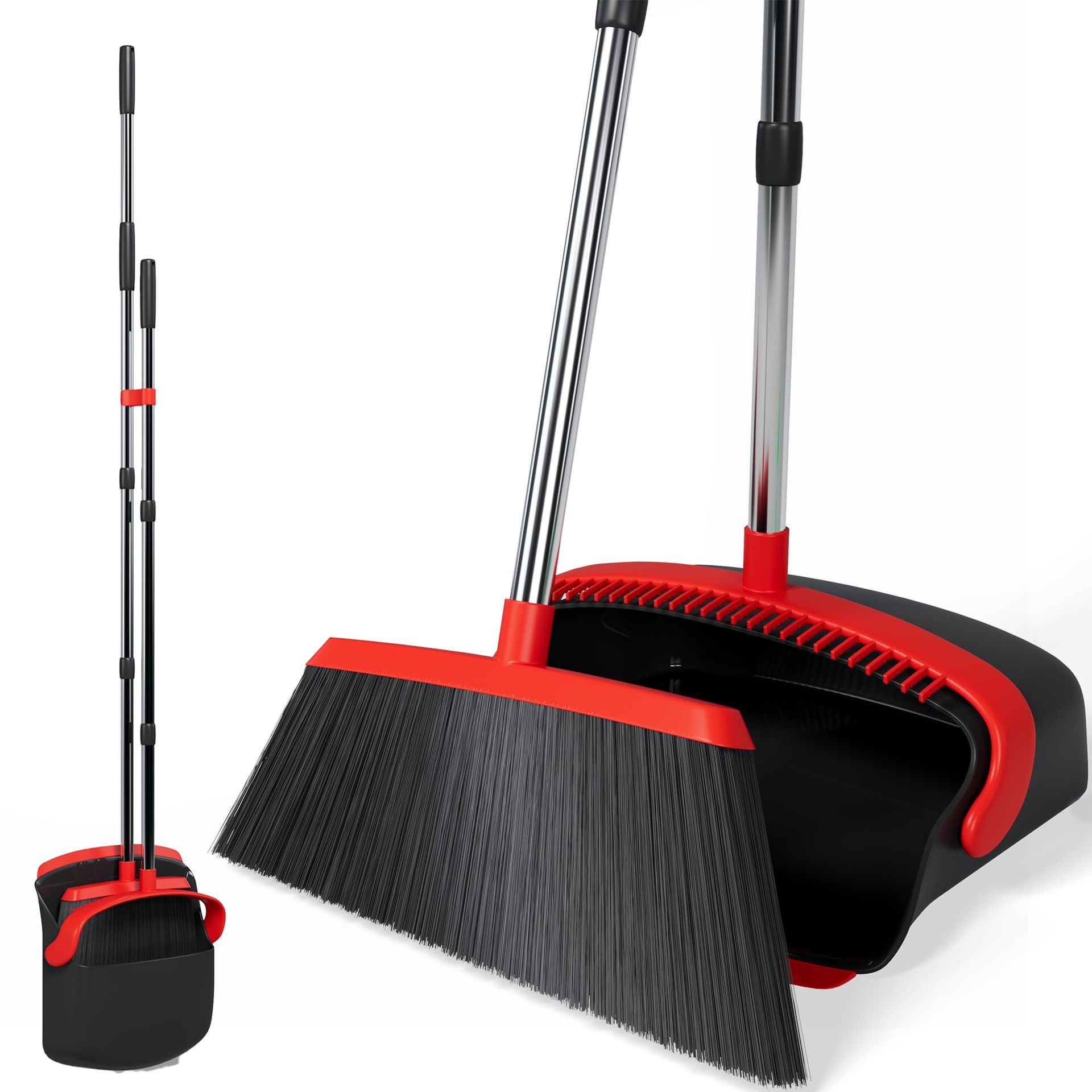 Adjustable Long Handled Dustpan and Brush Set Ergonomic Tall Design for Easy Sweeping - Red and Black Large 55"