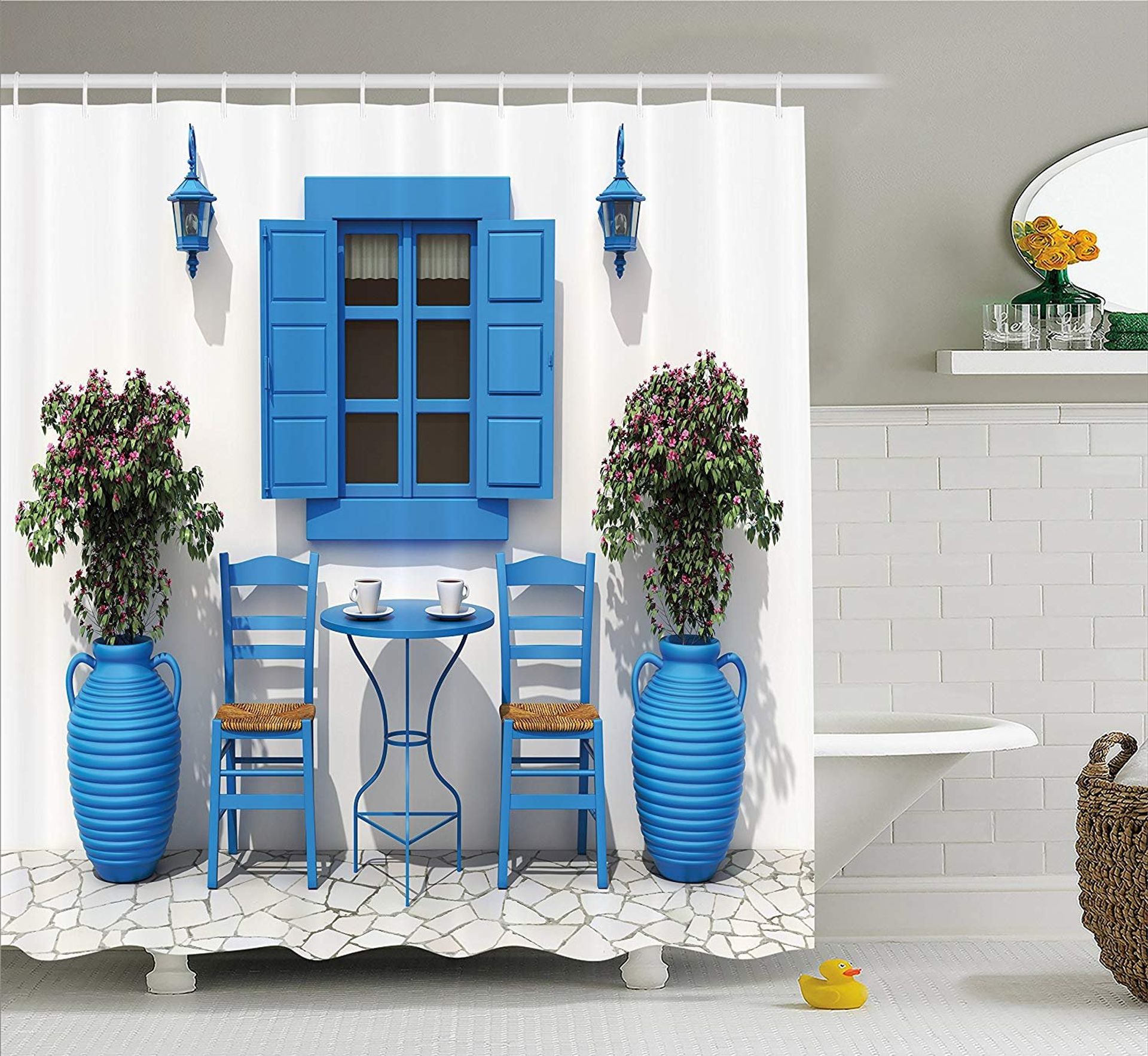 Navy Blue & White Greek Design Shower Curtain - Quick-Drying & Antibacterial, 180CM