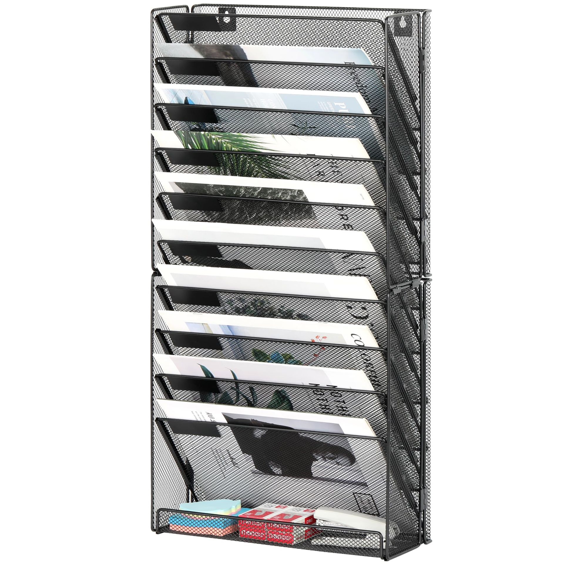 10-Tier Desk Tidy Organiser Wall Mounted Metal Document & Magazine Holder - Black 10 Tier