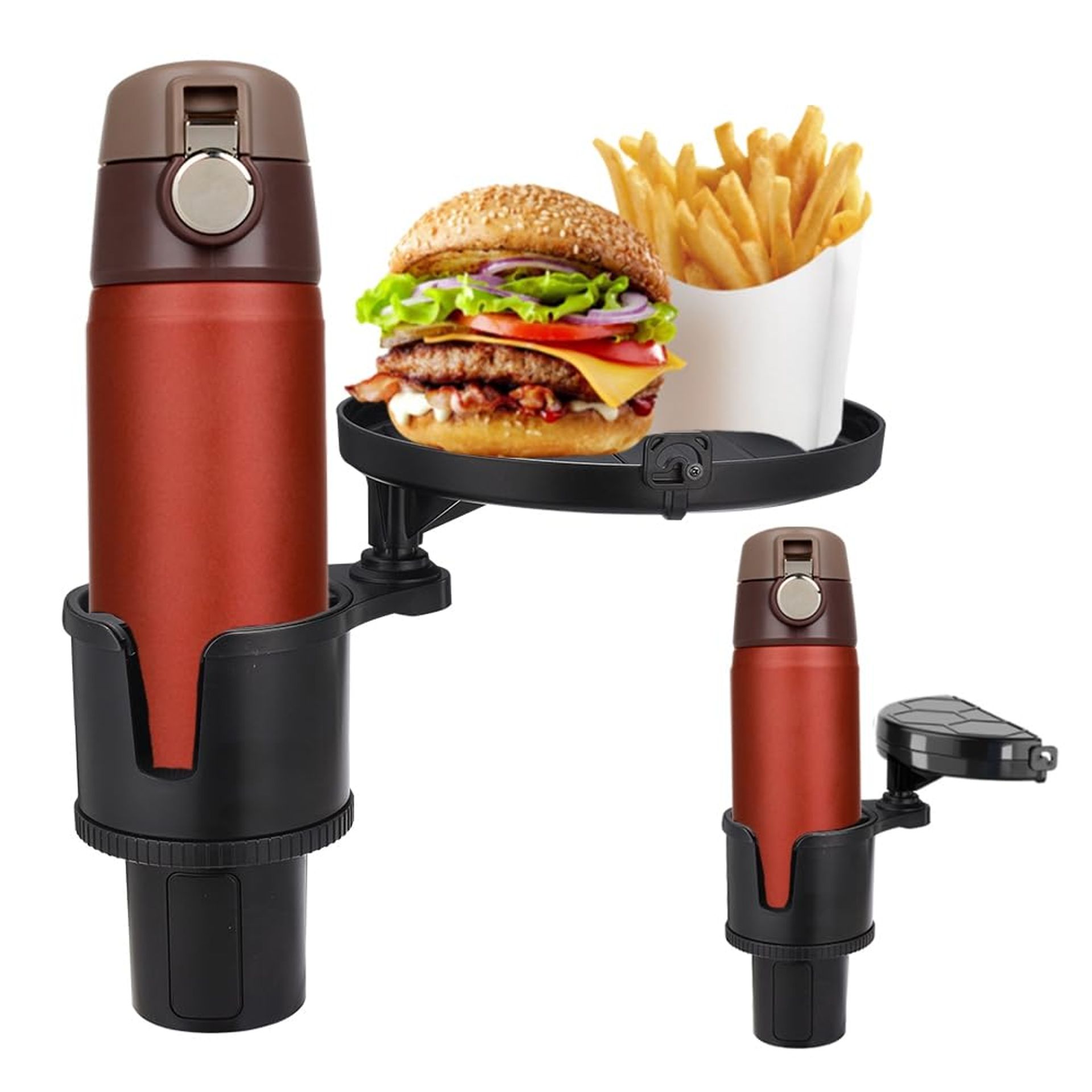 JSCARLIFE Car Cup Holder Expander Tray, Detachable Tray Organizer with Adjustable Base for Eating and Drinking on the Road