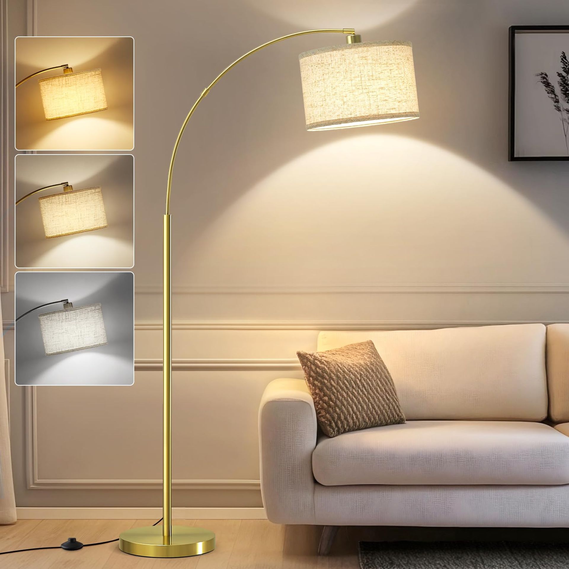 Arc Floor Lamp Free Standing with Adjustable Head 3 Colour Temperatures Foot Switch for Living Room Bedroom Office - Gold 180cm