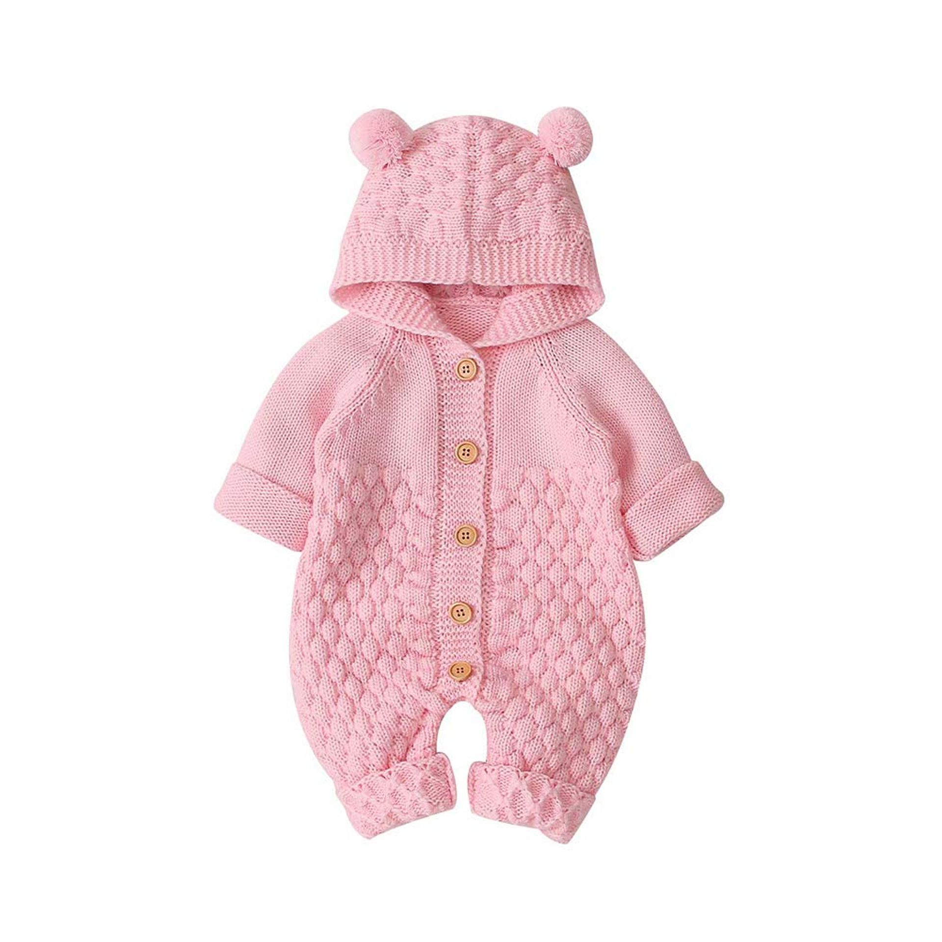 Baby Hooded Knitted Romper Soft Acrylic Onesie with Buttons & Sweater Jumpsuit Outfit - Pink 18-24 Months