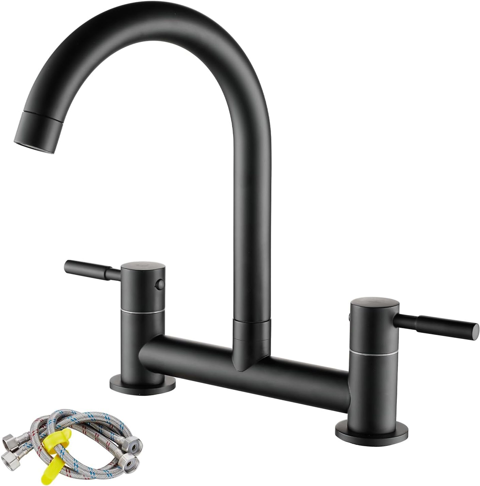 Bridge Kitchen Sink Mixer Tap 2 Hole Deck Mounted Dual Lever 360° Swivel Brass Faucet - Matte Black