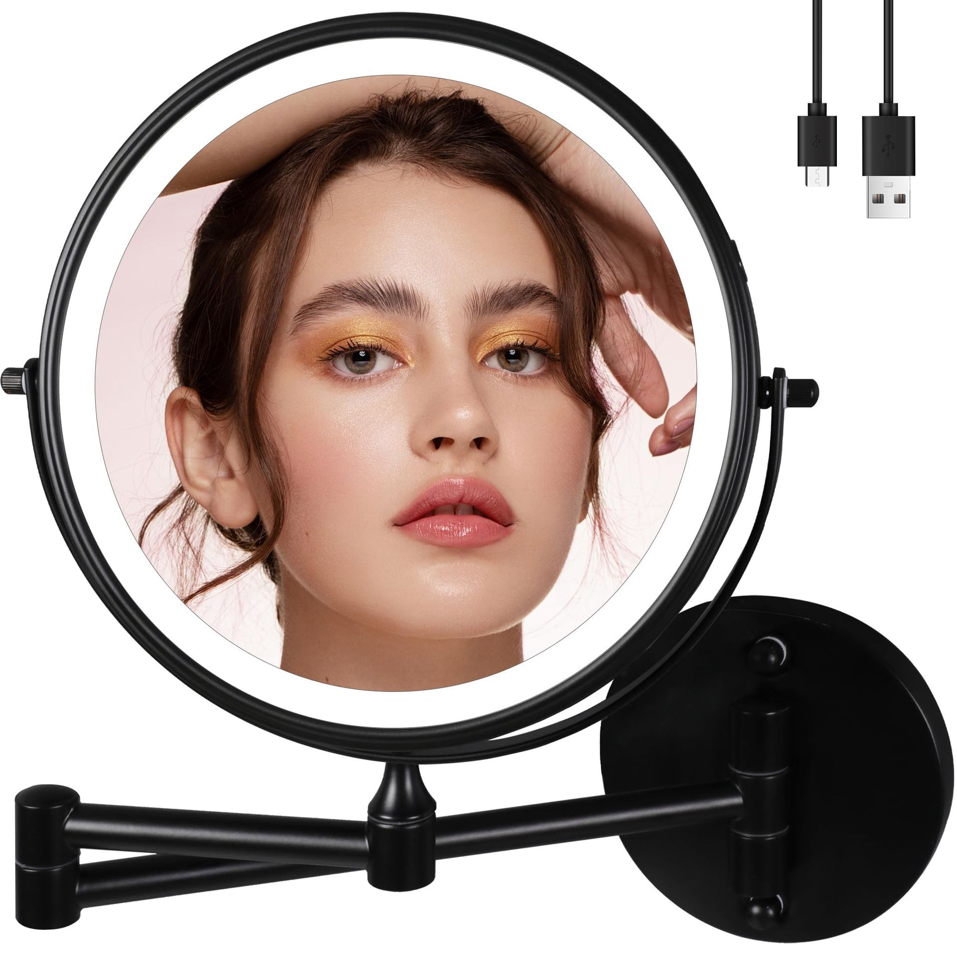 Wall Mounted Lighted Makeup Mirror 9'' Double Sided 1X/10X Magnification, Rechargeable, 360° Swivel, Black Finish