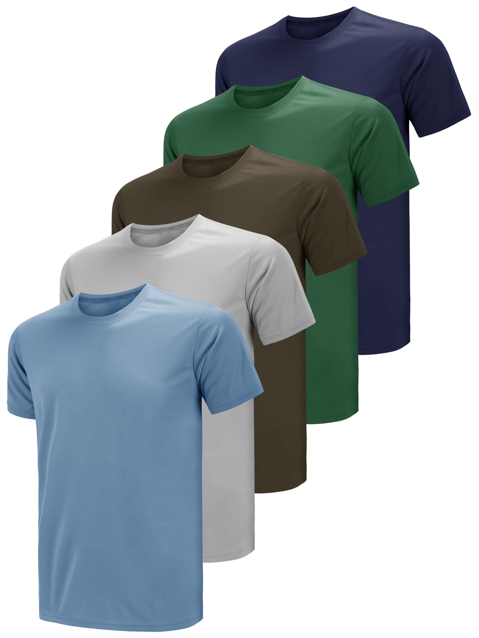 Men's Sports T-Shirt 5 Pack Quick-Dry Breathable Short Sleeve Gym Top - Blue2/Green2/Brown/Blue4/Grey2 M
