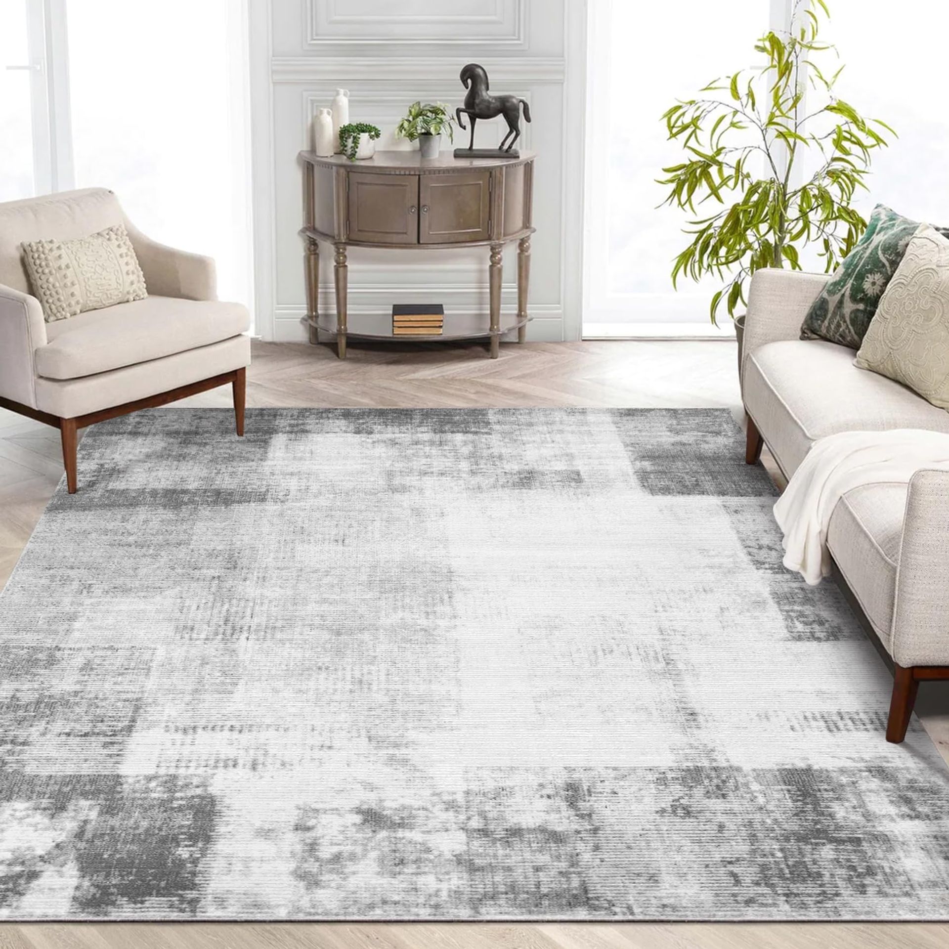 Grey Washable Living Room Rug 8x10ft - Modern Fluffy Short Pile with Non-Slip Backing, 240x300cm