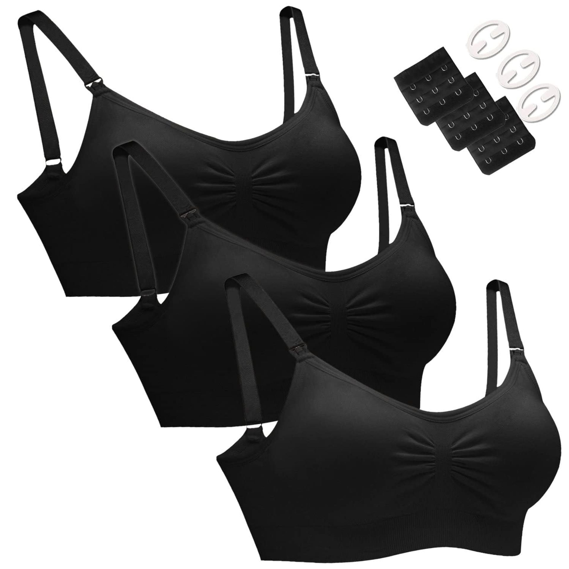 Maternity Nursing Bras Seamless 3 Pack with Extenders & Clips Soft Breathable Support - Black S