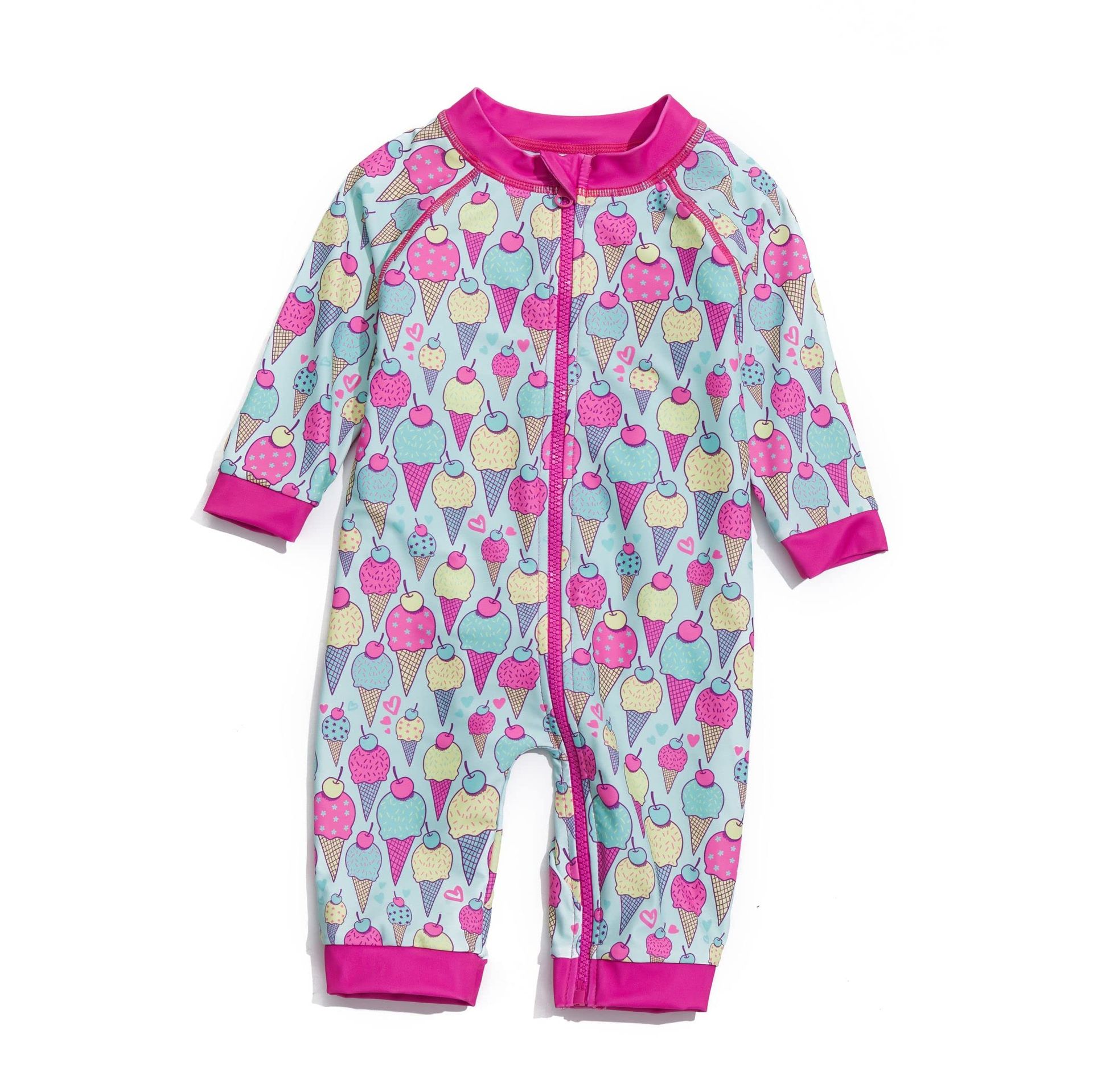Baby Girl One-Piece Swimsuit UPF 50+ Sun Protection with Sun Cap, Easy Zip Design - Flowers, 24-36 Months