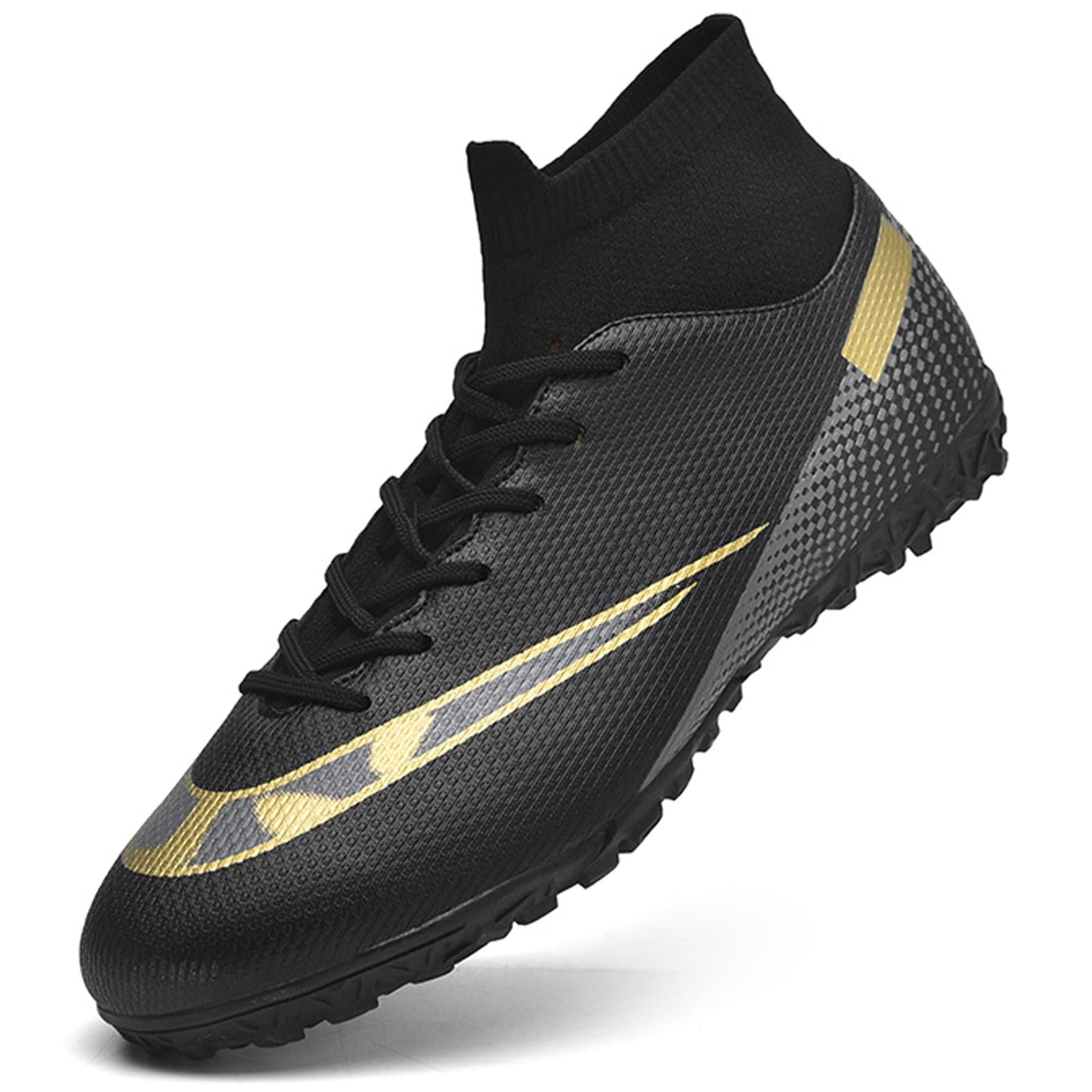 Men's High-Top Football Boots Astro Turf Trainers Outdoor Soccer Shoes - Black Gold Size 9 UK