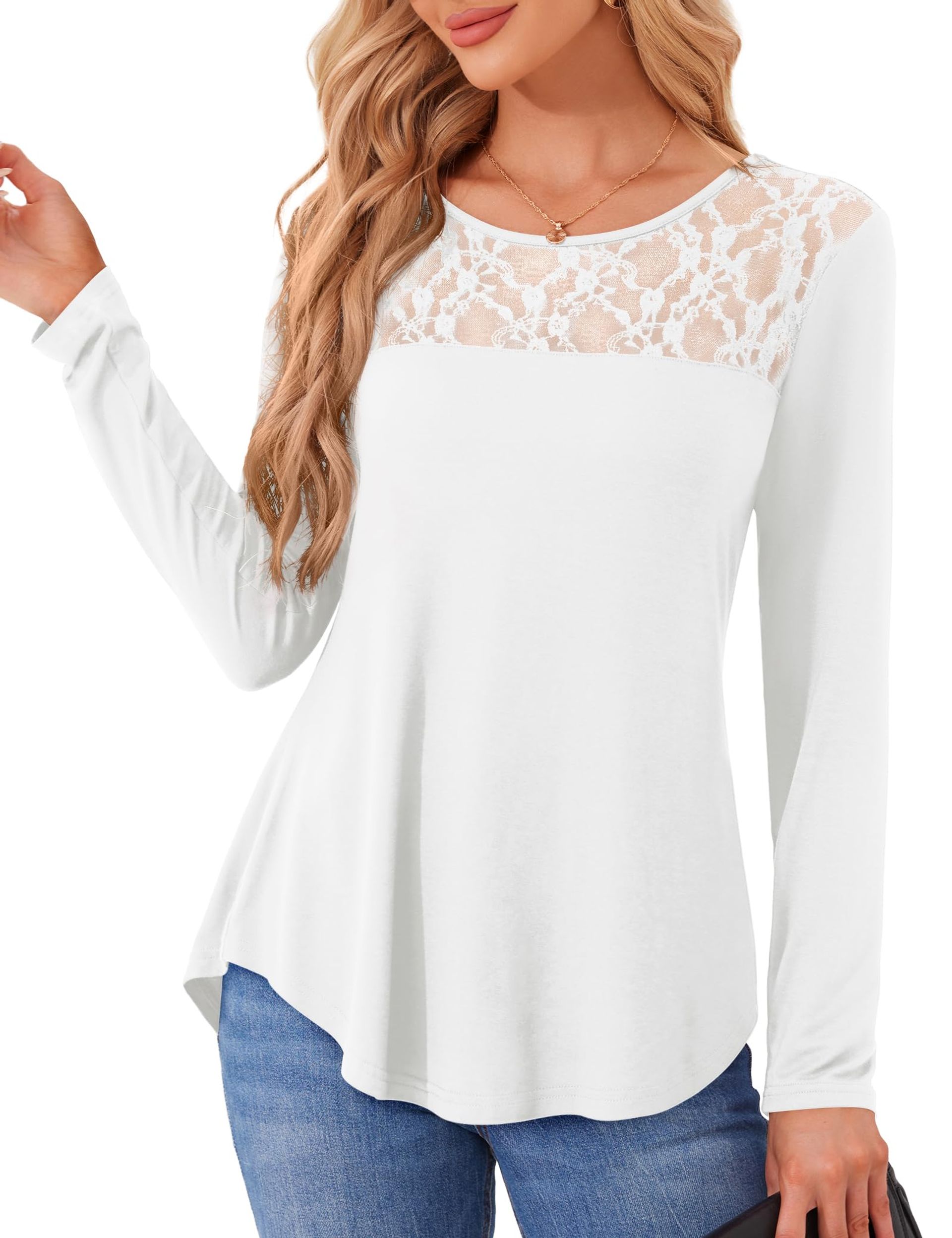 Women's Mesh Long Sleeve Lace Blouse Elegant Tunic T-Shirt Top - White Size 16-18