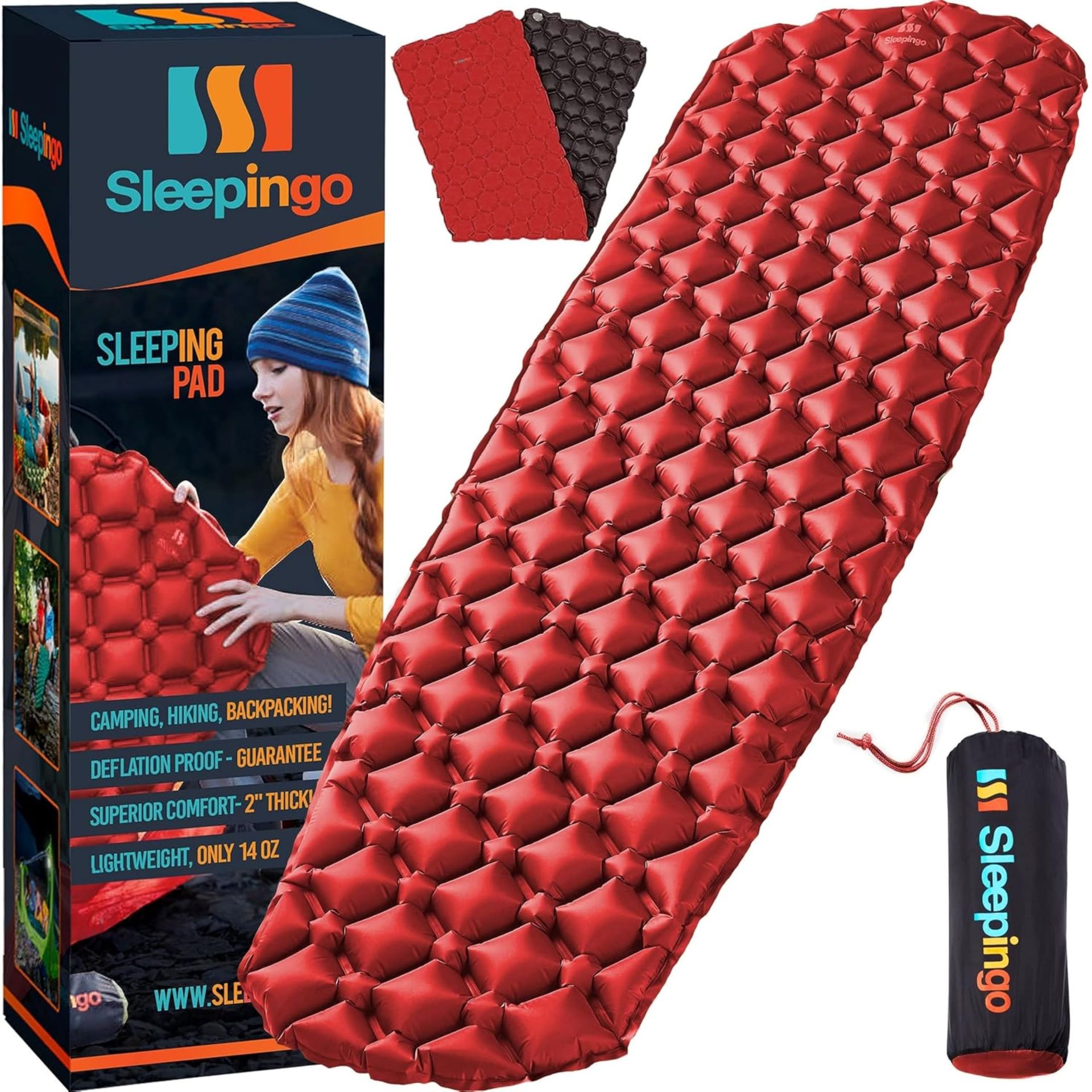 Sleepingo Camping Sleeping Mat - Inflatable Camping Mattress, Lightweight Sleeping Pad, Ultralight Sleeping Mat for Camping, Backpacking, Hiking, Compact Air Mattress, Camp Bed for Adults - Red