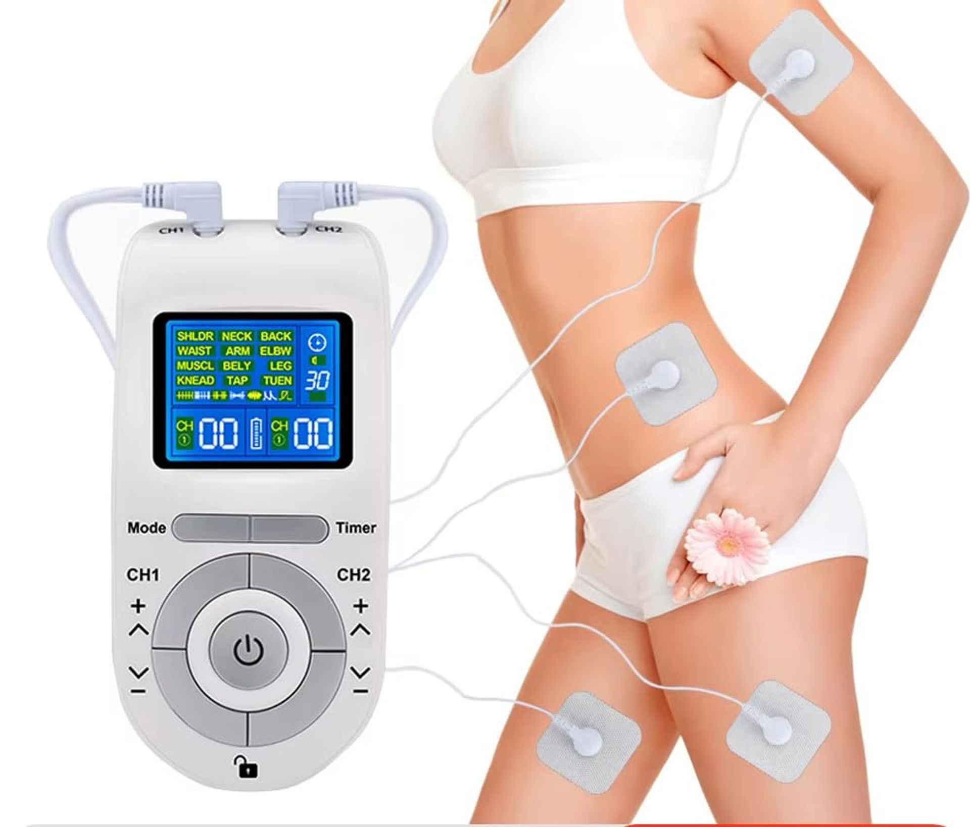 TENS Machine for Pain Relief 4 Outputs EMS Muscle Stimulator with 12 Modes & 40 Intensity Levels Rechargeable - White