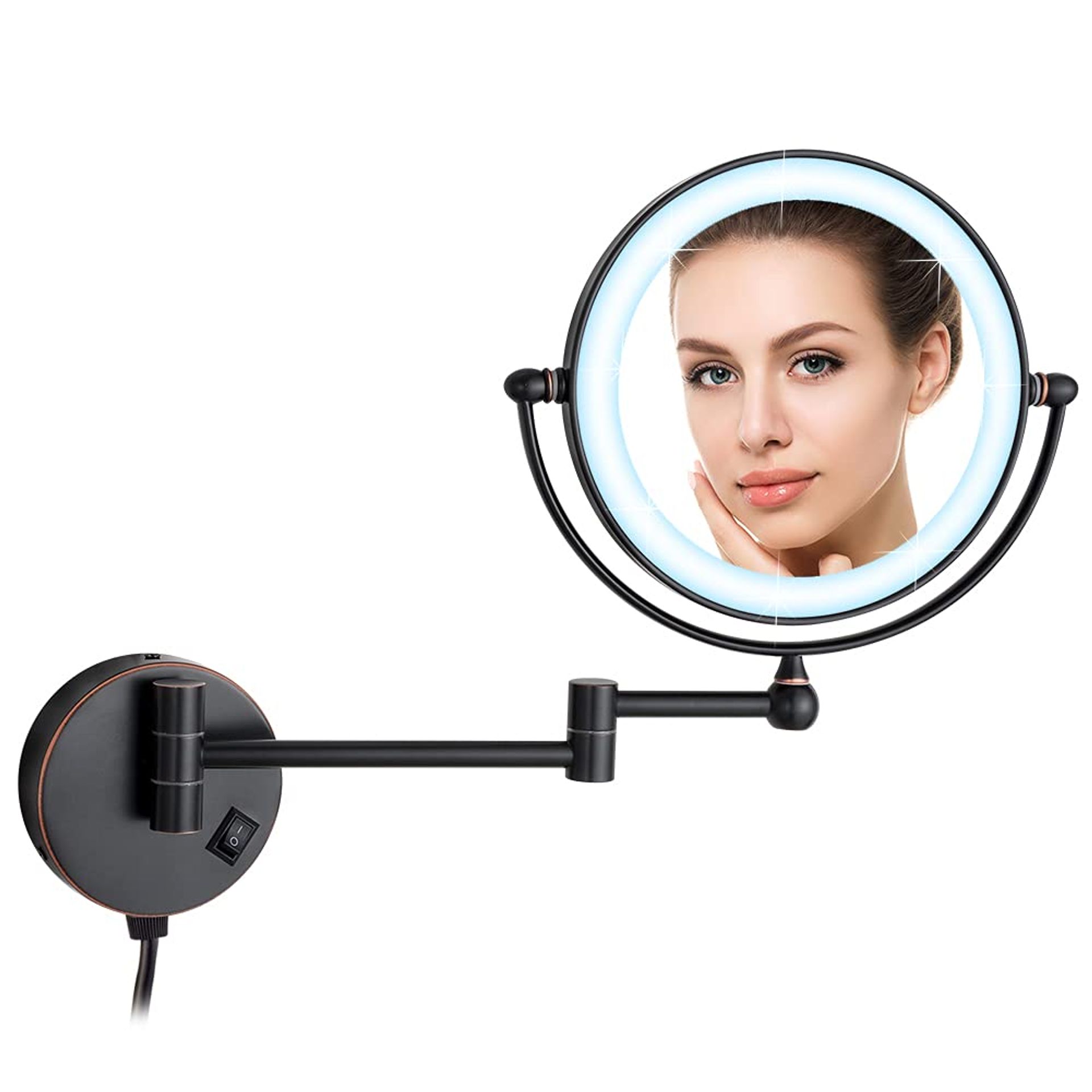 Wall Mounted Magnifying Mirror 10x with LED Light Double-Sided Extendable Arm - Oil Rubbed Bronze Ø20cm