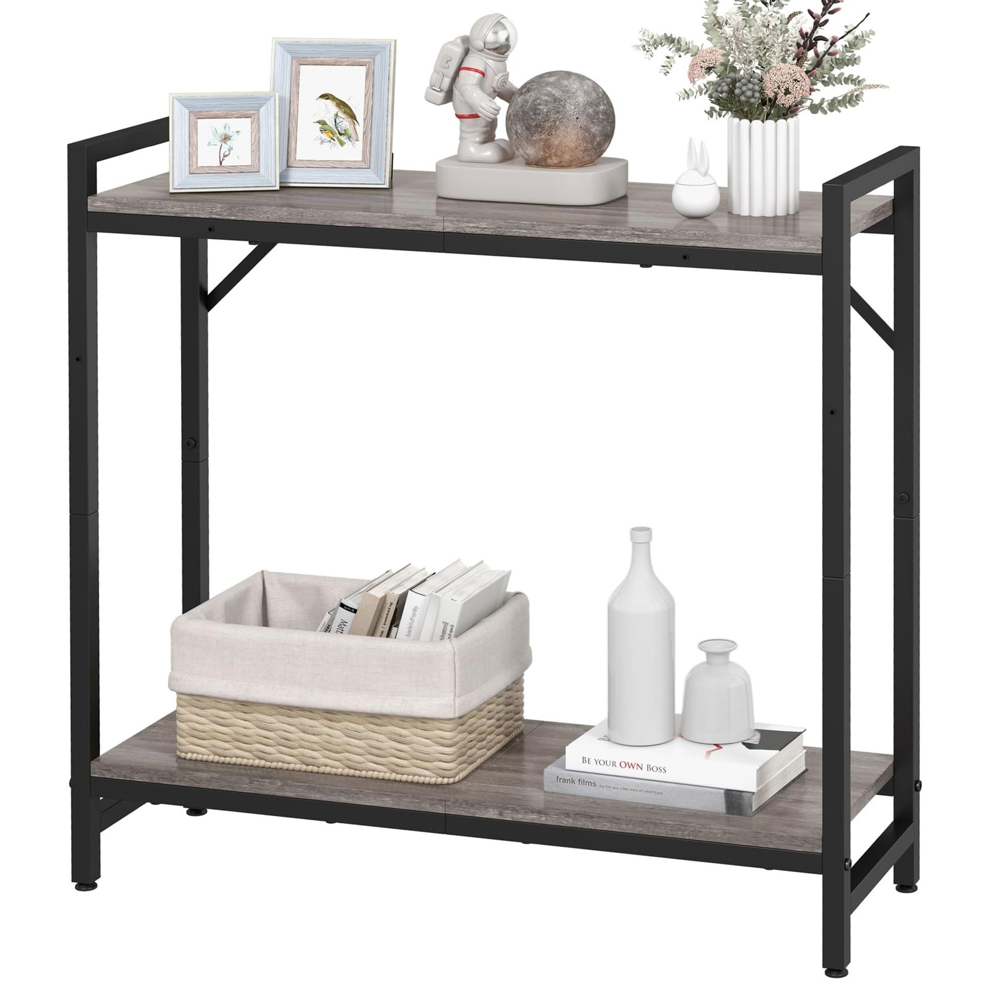 Narrow Console Table Industrial Entryway Table with 2 Support Bars, Thin Sofa Side Display Table for Living Room, Hallway or Bedroom - Grey 29.5" x 9.45" x 29.5"