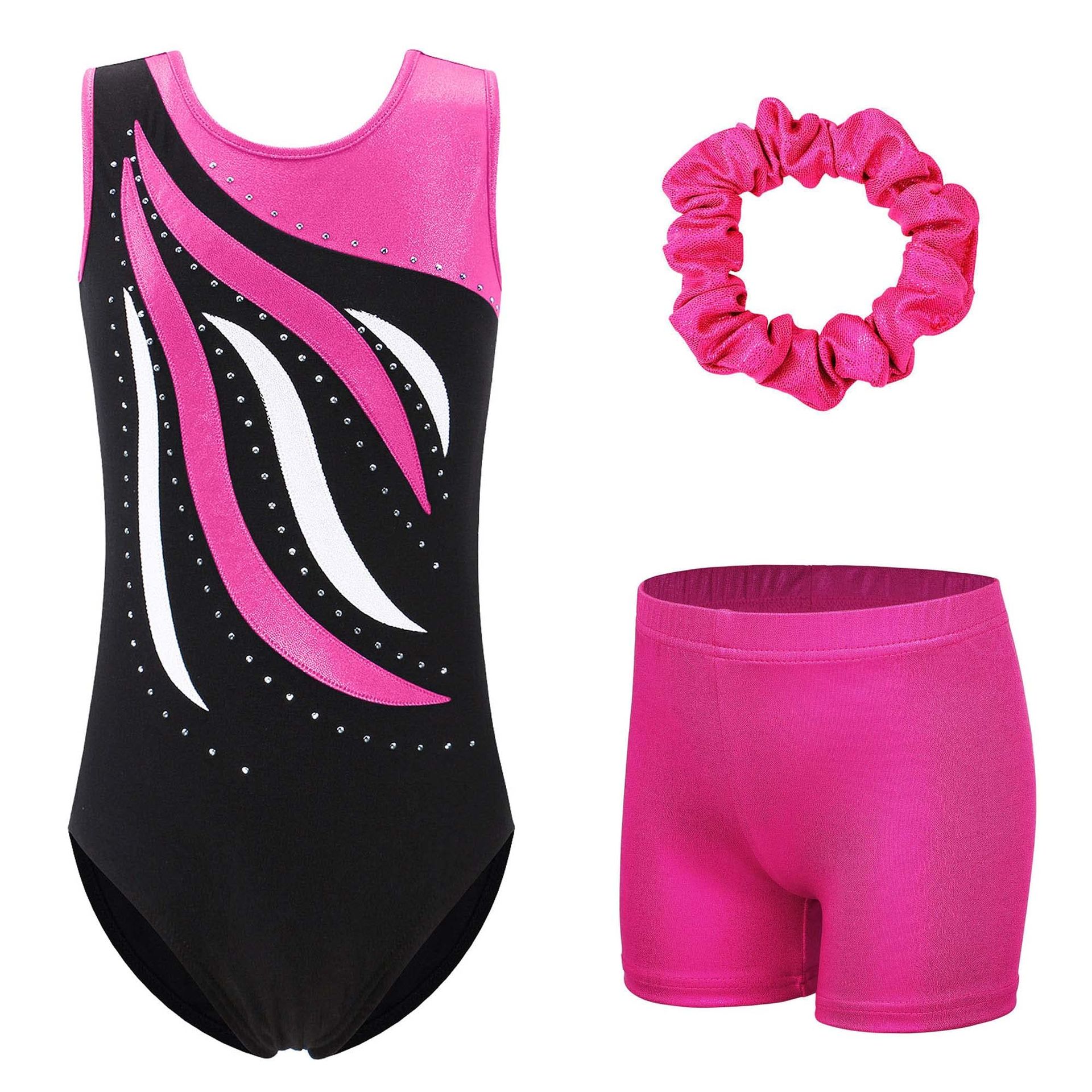 Girls Gymnastics Leotard Set Sleeveless Sparkle Dance Outfit with Shorts & Hairband - Black Hotpink 11-12 Years