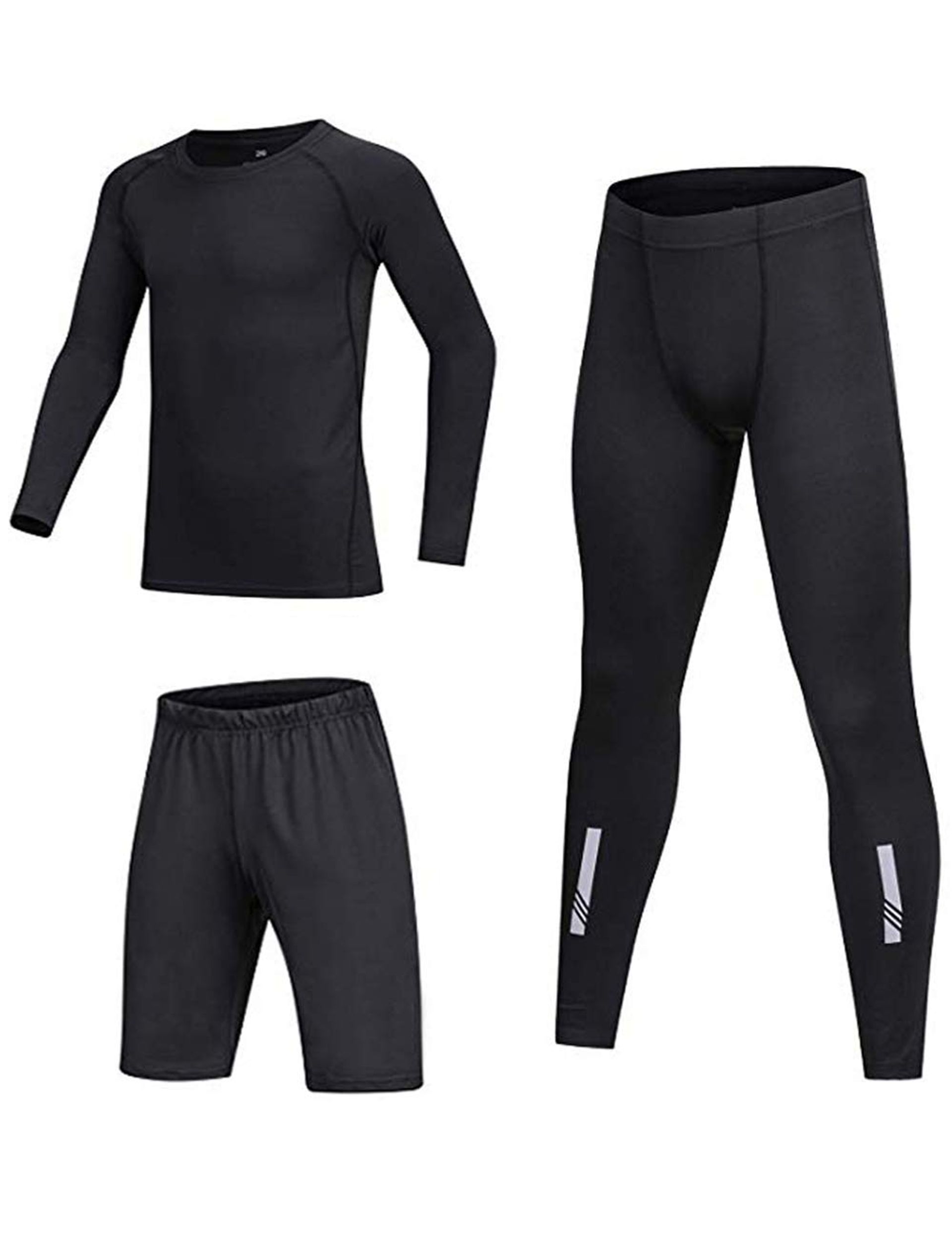 Kids' 3PCS Base Layer Set - Compression Thermal Underwear, Long Sleeve, Reflective, Age 4-5, Black
