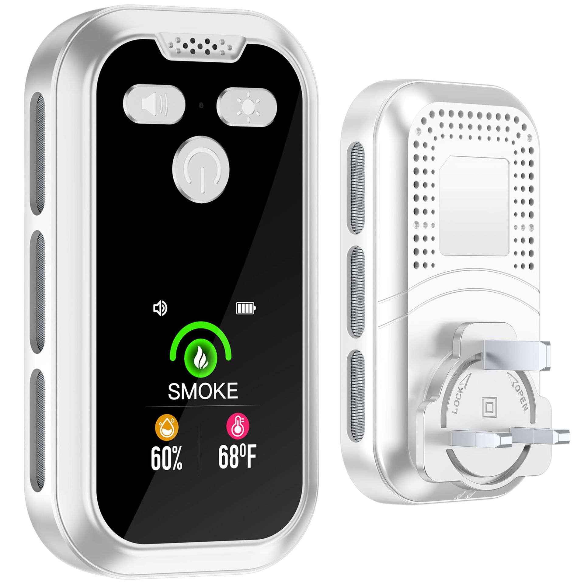 3in1 Plug-in Smoke Alarm with 2000mAh Backup Battery & HD Screen - Indoor/Outdoor Use