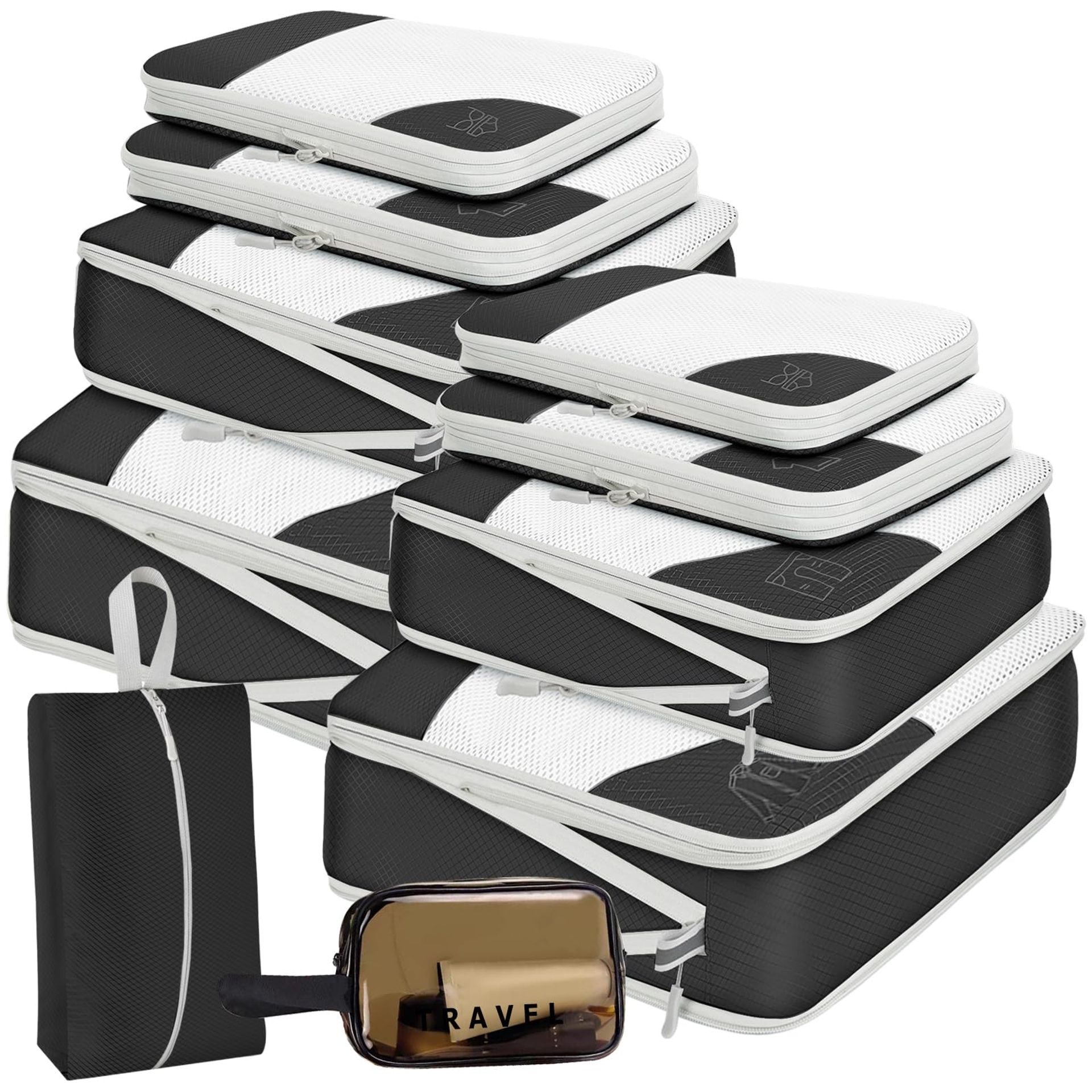 Compression Packing Cubes 9 Piece Travel Luggage Organiser Set with Zipper and Compression Function for Suitcase and Home Storage - Blue 30.5L