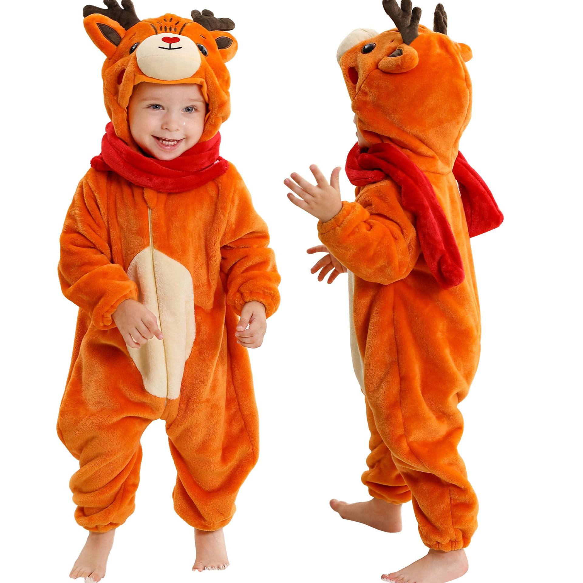 Animal Toddler Flannel Romper Hooded Cartoon Baby Jumpsuit Unisex Pyjamas Outfit - Elk 3-6 Months