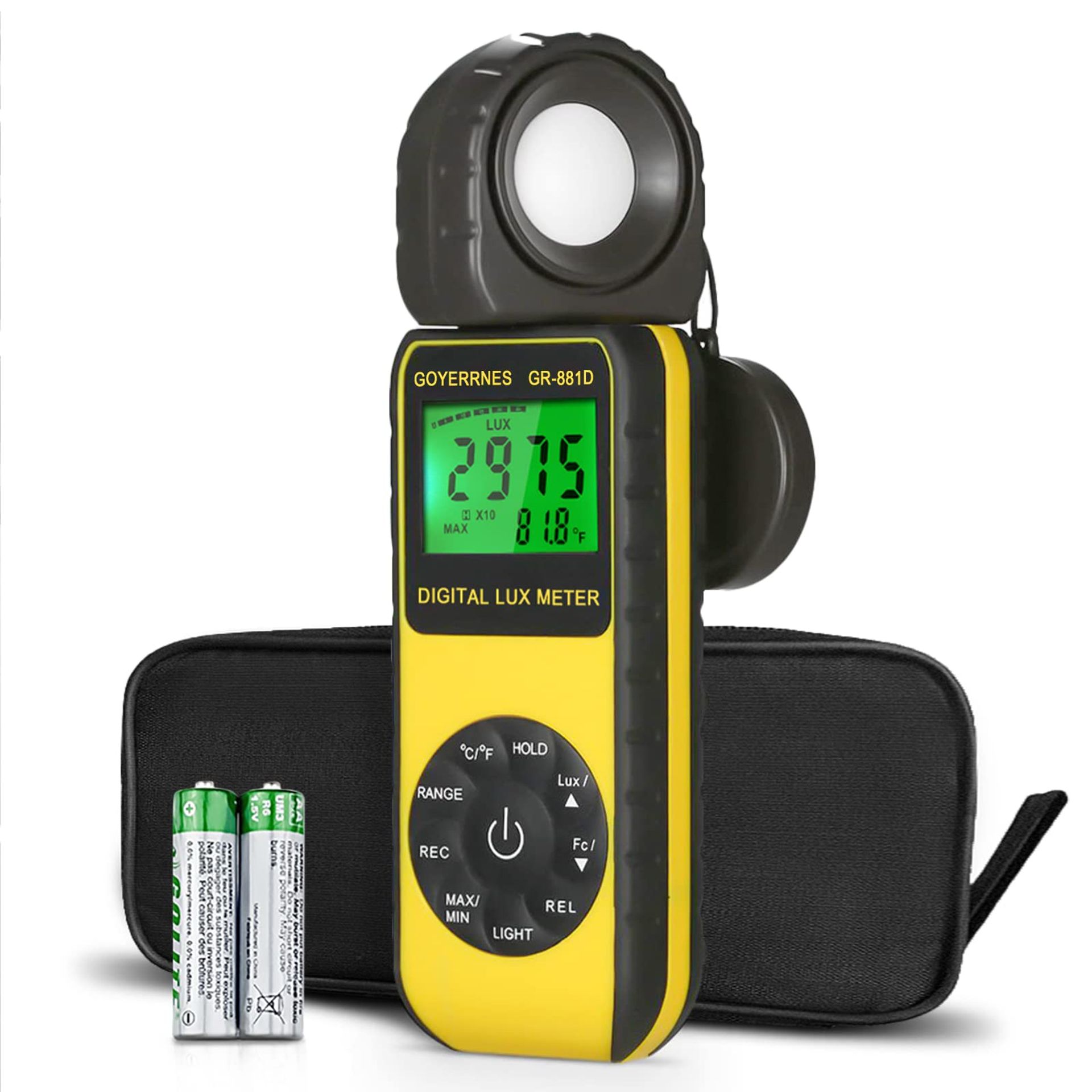 Digital Light Meter 0-400,000 Lux Illuminance with Temperature Display MAX/MIN Data Hold - Black GR-881D