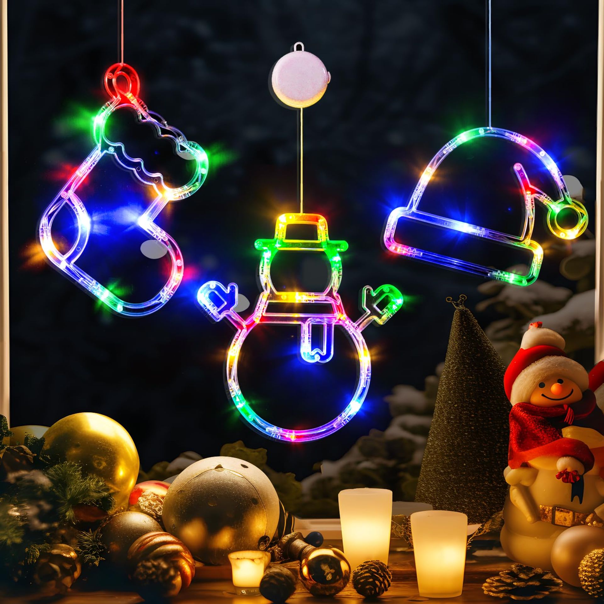 Multicoloured Christmas Window Lights - Stocking, Snowman & Santa Hat with Timer & Suction Cup