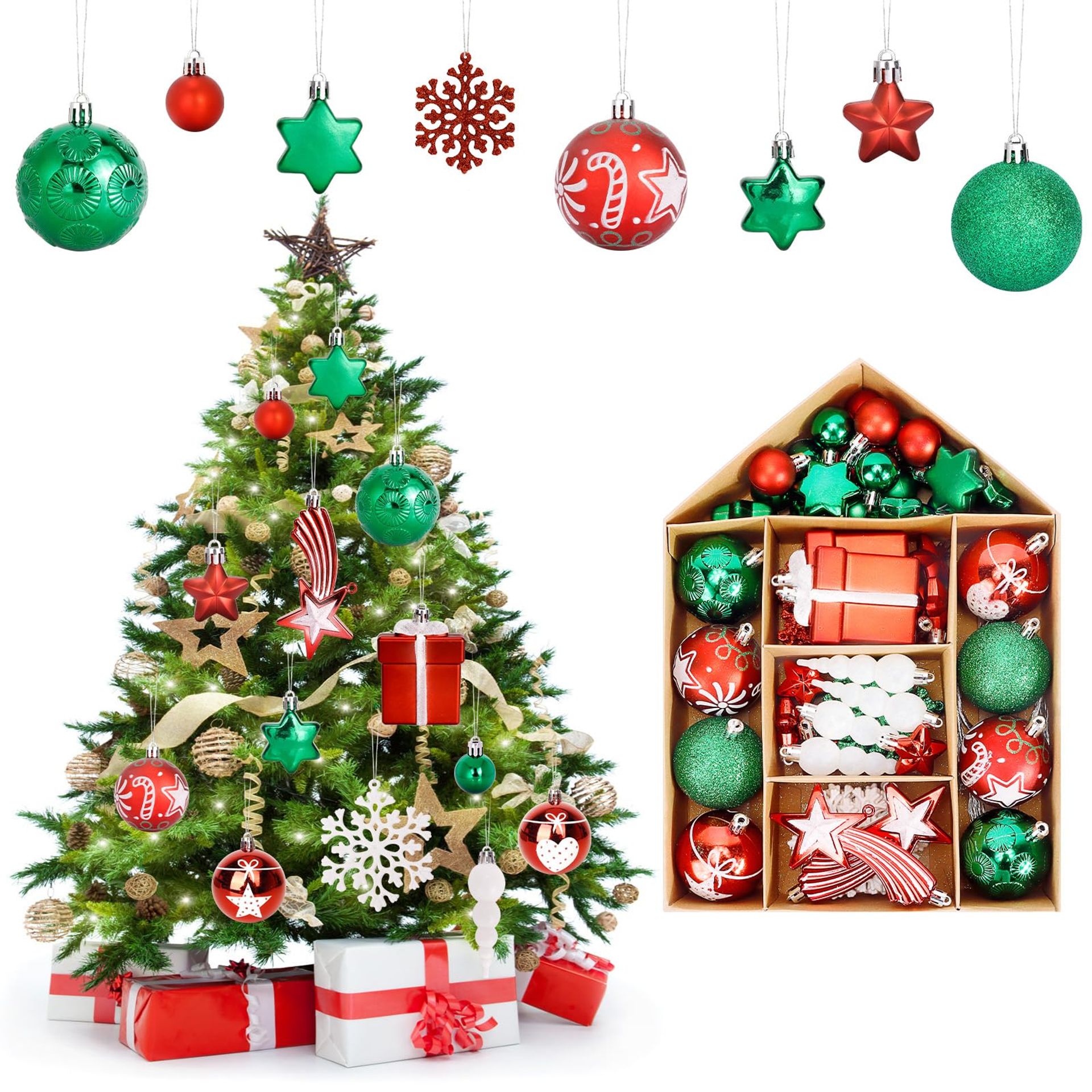 70Pcs Red & Green Christmas Baubles - Festive Tree Ornaments for Holiday Décor