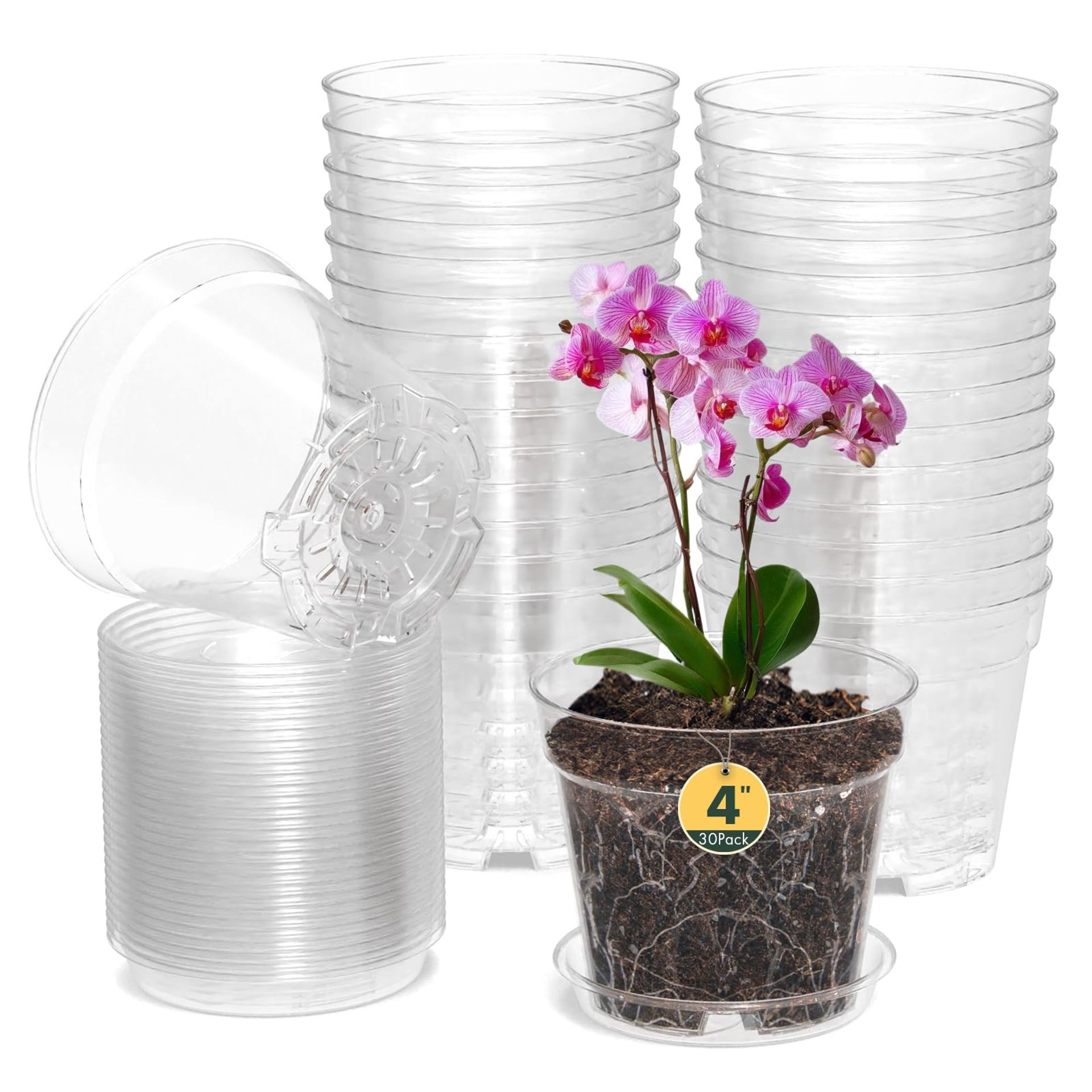 30Pcs Clear Plastic Plant Pots with Drainage Holes for Orchids, Succulents and Seedlings - Transparent 4Inch-30Psc