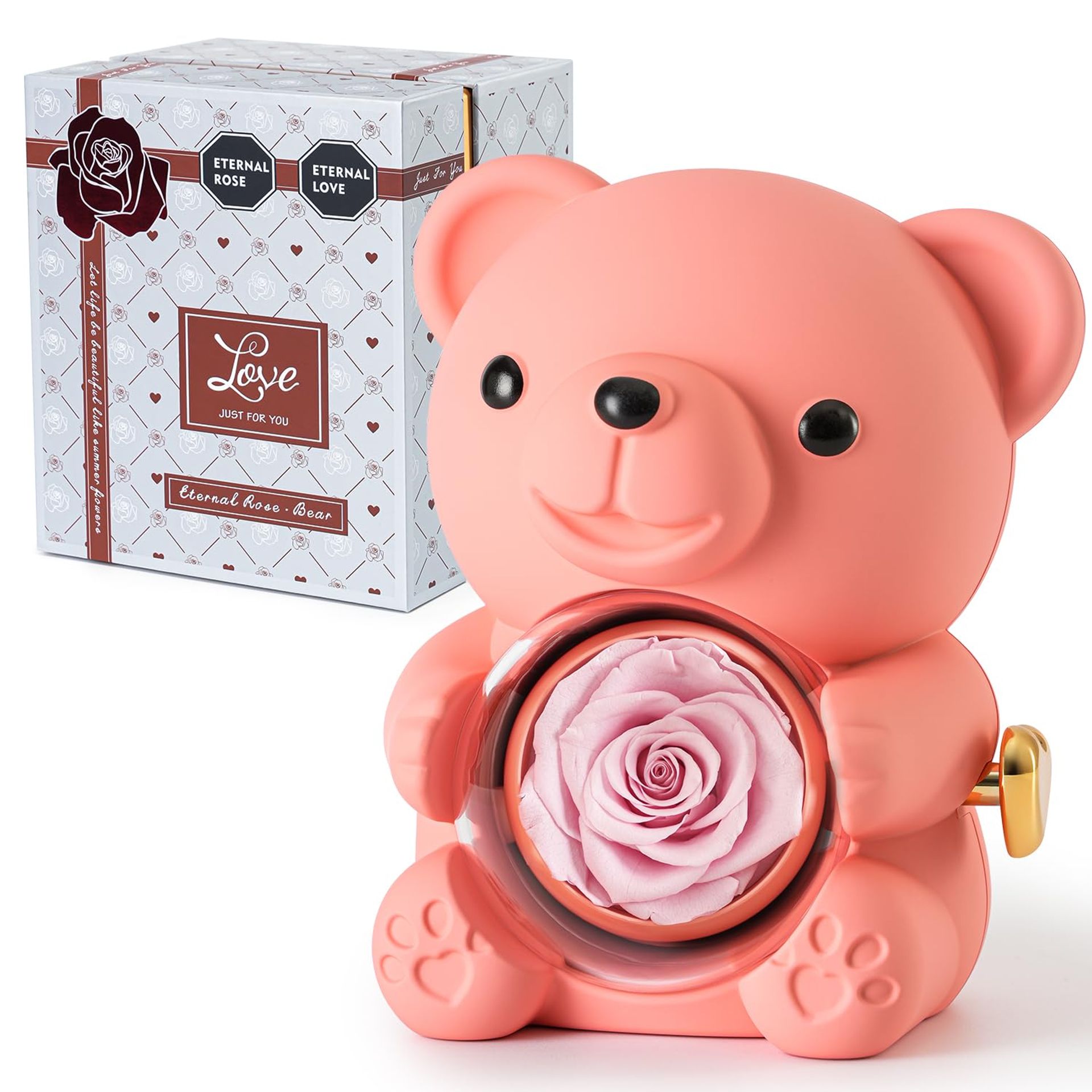 Pink Teddy Bear with Real Preserved Rose & Heart Necklace in Elegant Gift Box – Perfect for Valentine's, Mother's Day, Wedding - Pink Grey Box - Valentines