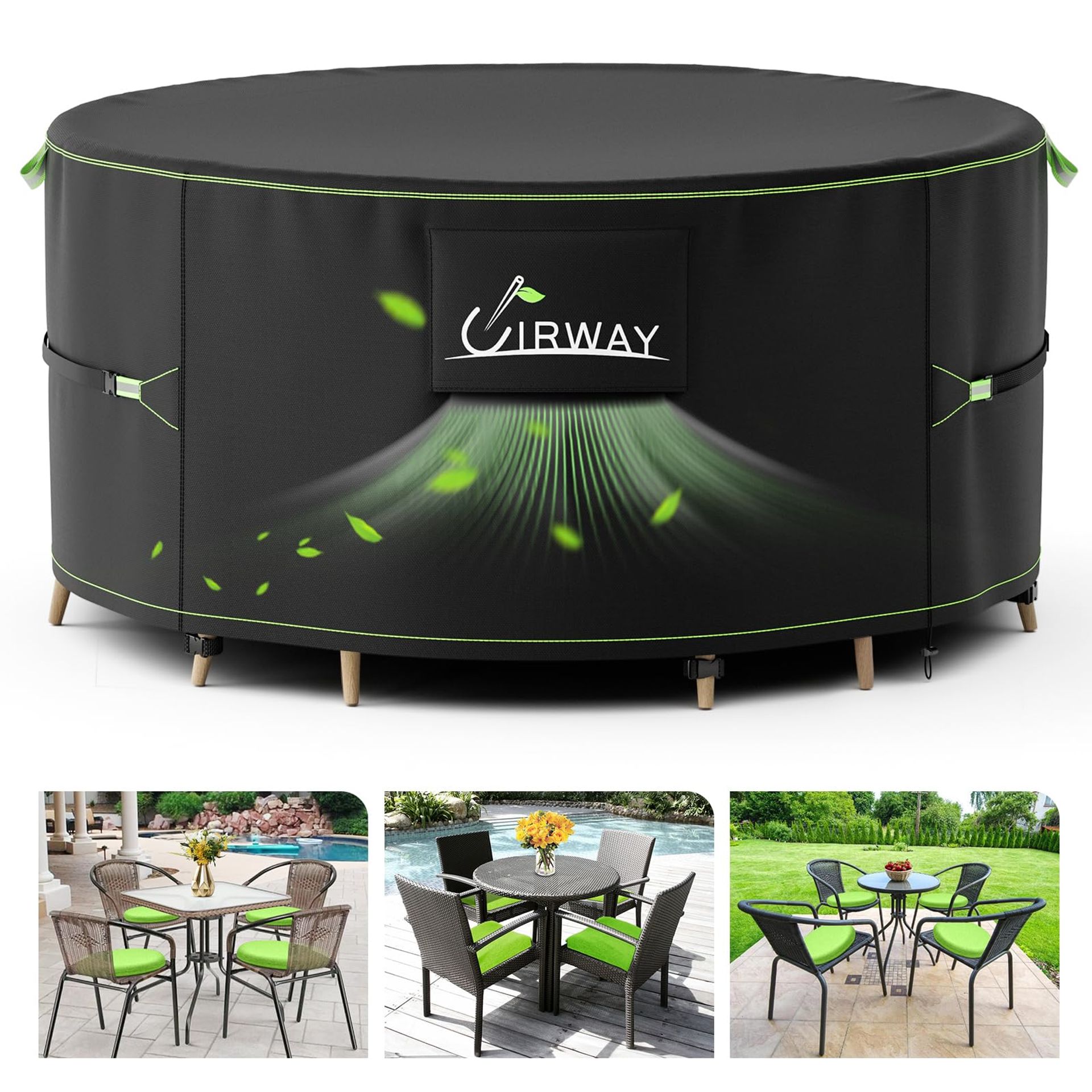 Round Patio Furniture Cover Waterproof 420D Heavy Duty with Air Vent and Reflective Strips - Black Ø163 x 71 cm