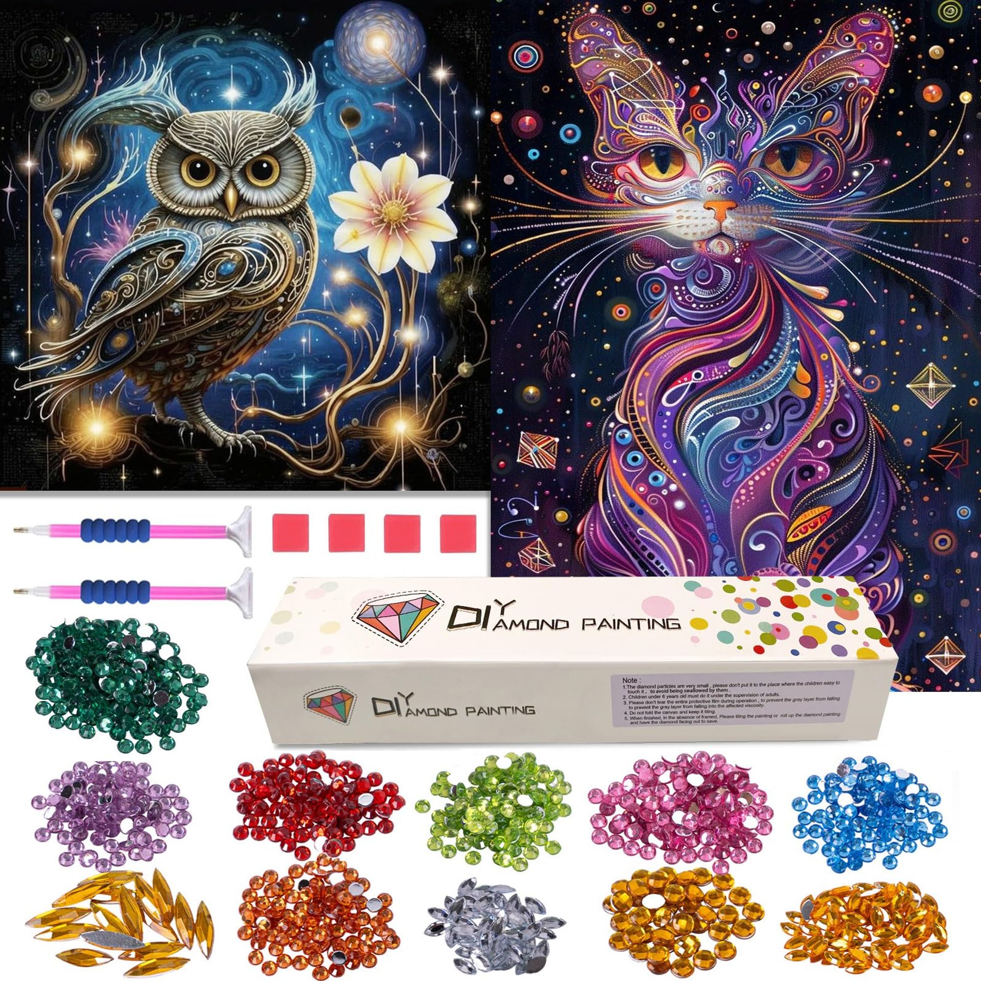 2 Pack Animal Diamond Painting Kits for Adults & Kids, 5D DIY Art with Cat & Owl Designs, Ideal Home Wall Decor Gift