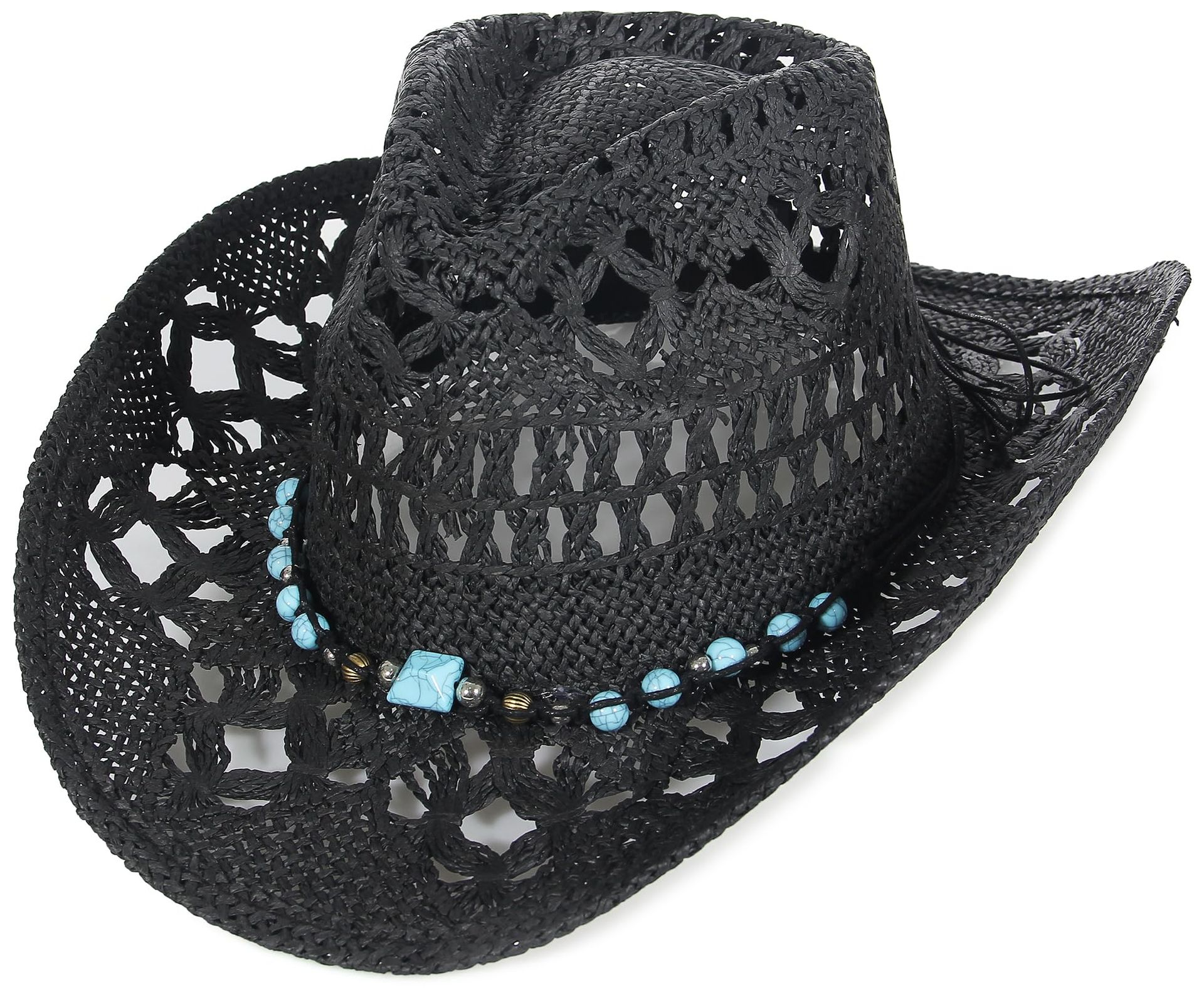 Men & Women's Straw Cowboy Hat Hollow Out Roll Up Brim Beach Sun Hat - Black 7-7 1/4