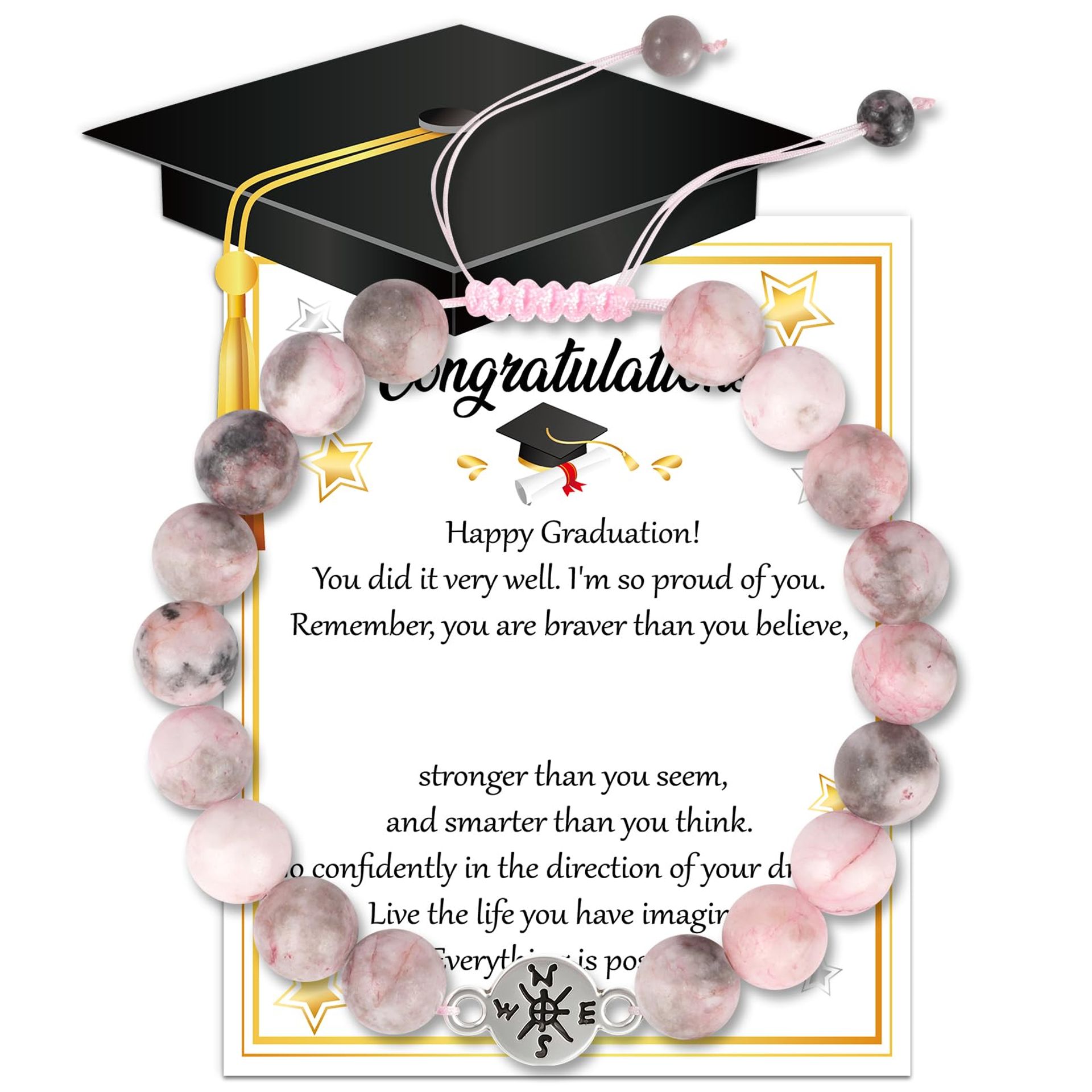 Graduation Bracelet Gift Set with Compass Pendant, Card & Drawstring Pouch - Pink Stone Beaded Bracelet M