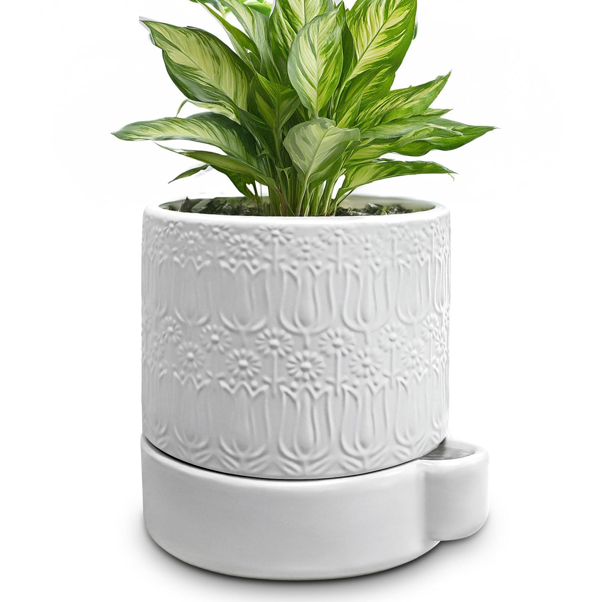 Ceramic Plant Pot with Drainage Holes, Modern Indoor & Outdoor Planter, White Relief Design, 15cm Decorative Gift for Plant Lovers