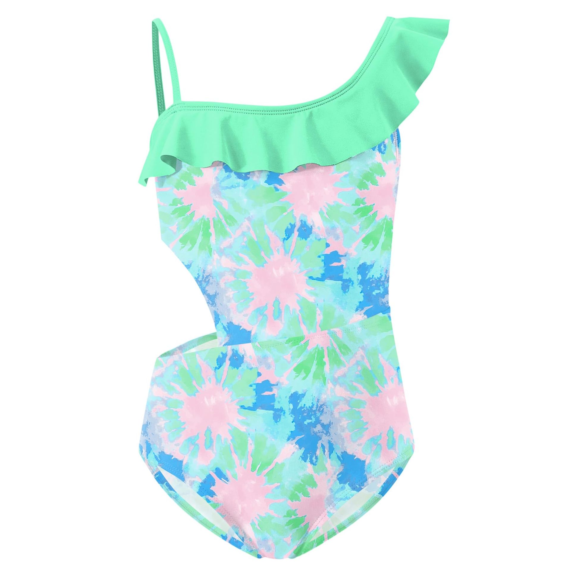 Girls One Shoulder Tropical Swimsuit Asymmetric Ruffle Design - Mint Floral 8 Years