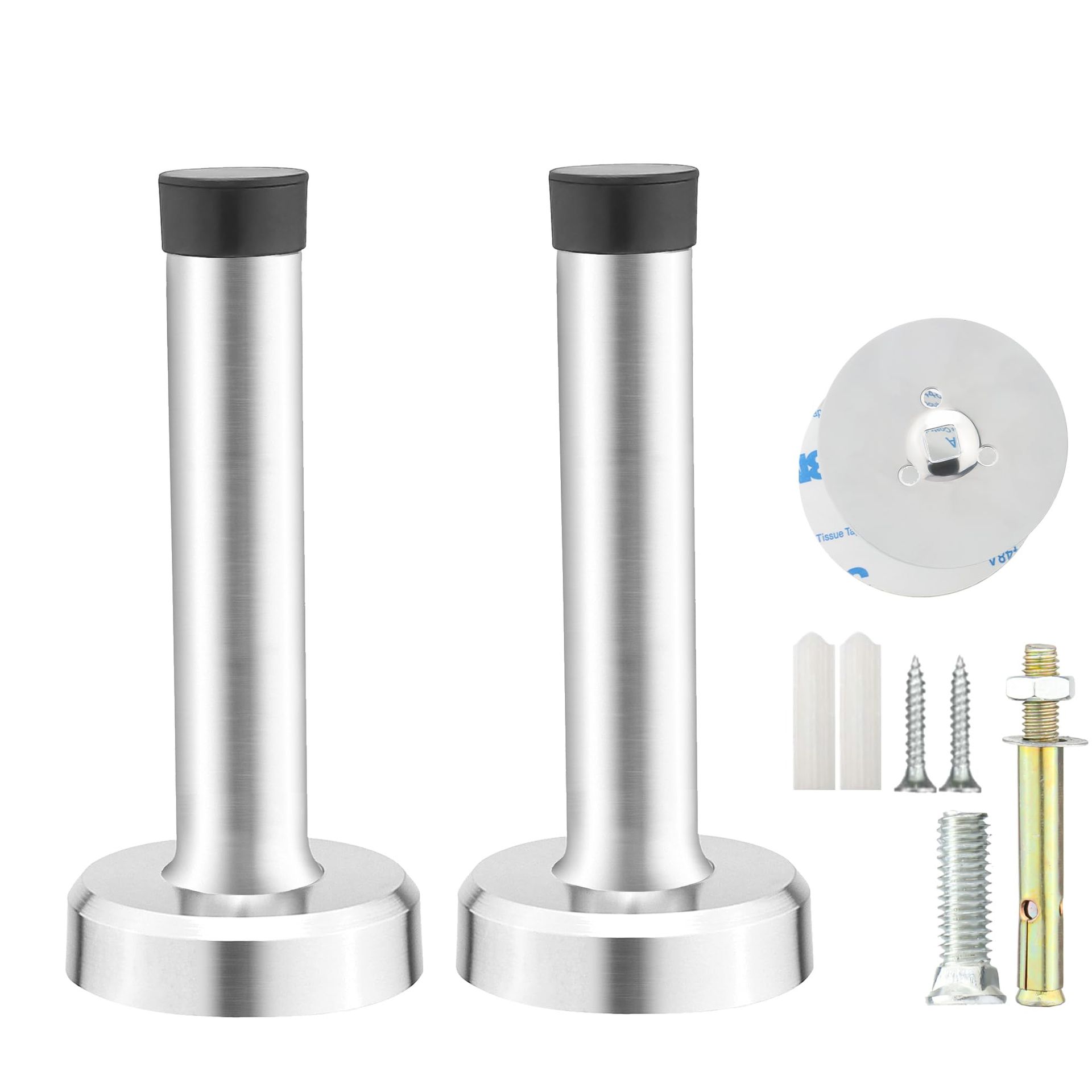 Stainless Steel Door Stoppers - Self Adhesive, Wall Mounted, Non-Slip 95mm (2 Pack, Silver)
