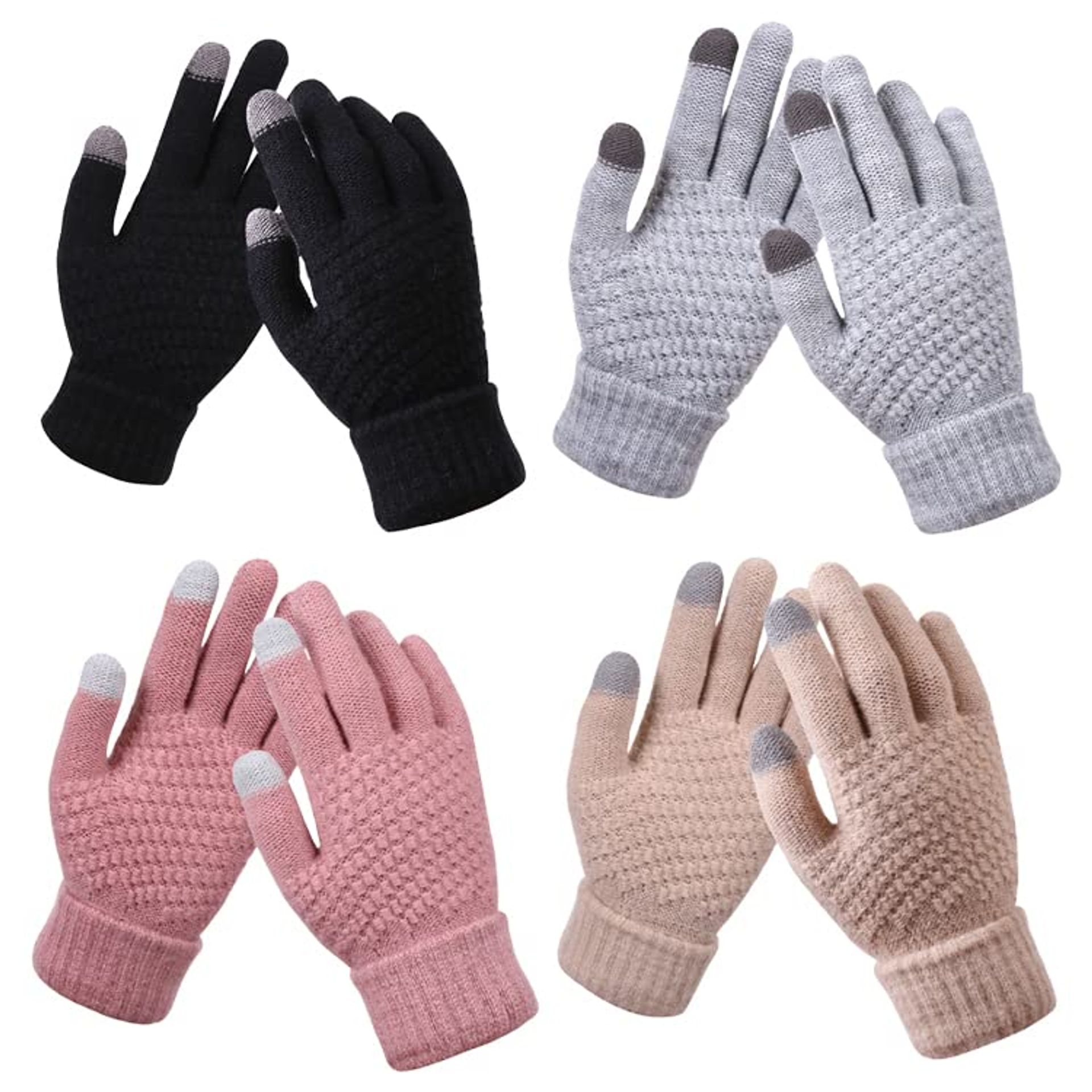 JFAN Women Gloves Winter Knitted Warm Soft Touchscreen Gloves 4 Pairs(black+grey+pink+beige)