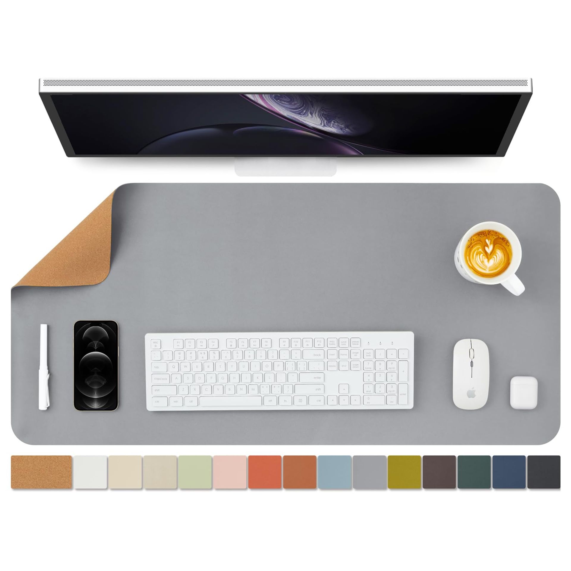 Cork Desk Mat 90x43cm - Dual-Sided Grey Desk Pad for Home & Office - Large Mouse Pad & Desk Organisation