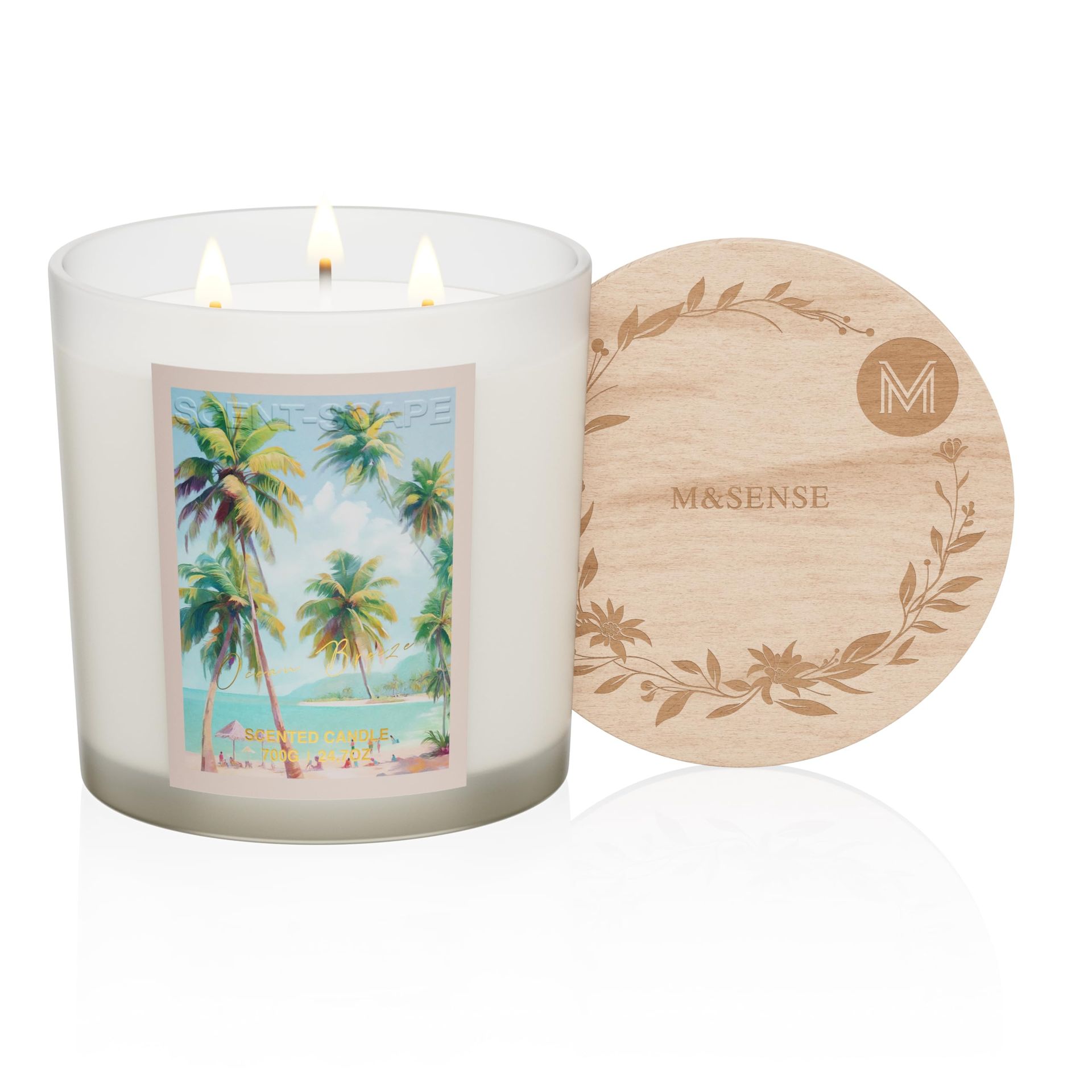 Large Scented Candle 3 Wick Ocean Breeze Soy Wax with Wooden Lid & 120 Hours Burn - Beige Ocean Breeze - Valentines