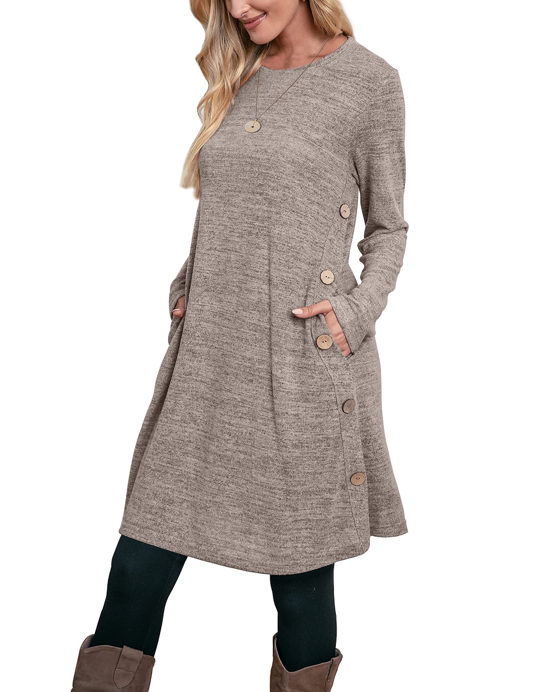 Women's Long Sleeve Jumper Dress Button Tunic with Pockets Casual Style - Khaki M