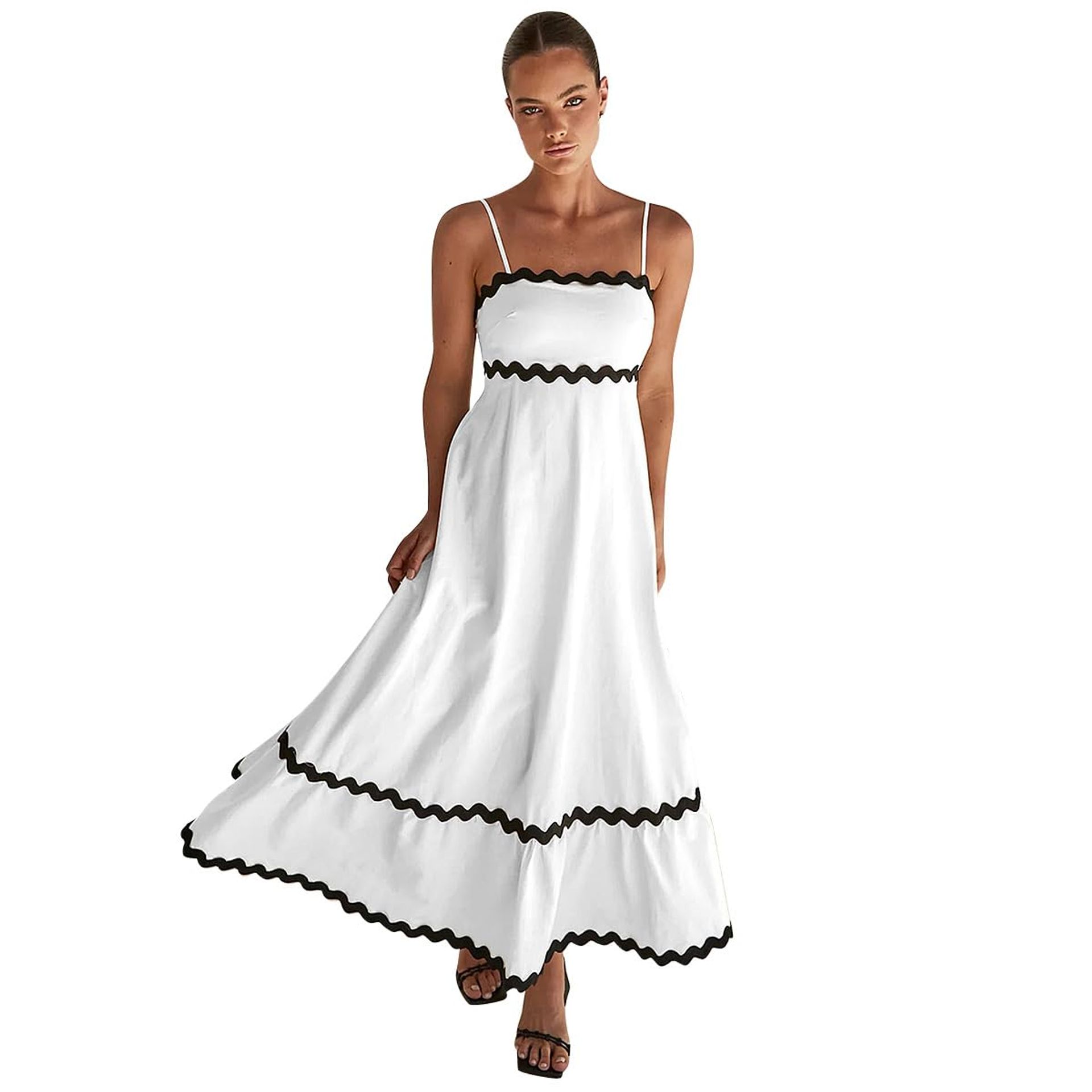 Women's Summer Boho Midi Dress with Spaghetti Straps, Ric Rac Trim & Flowing A-Line Design - Perfect for Holidays, Parties & Beach Outings 2024