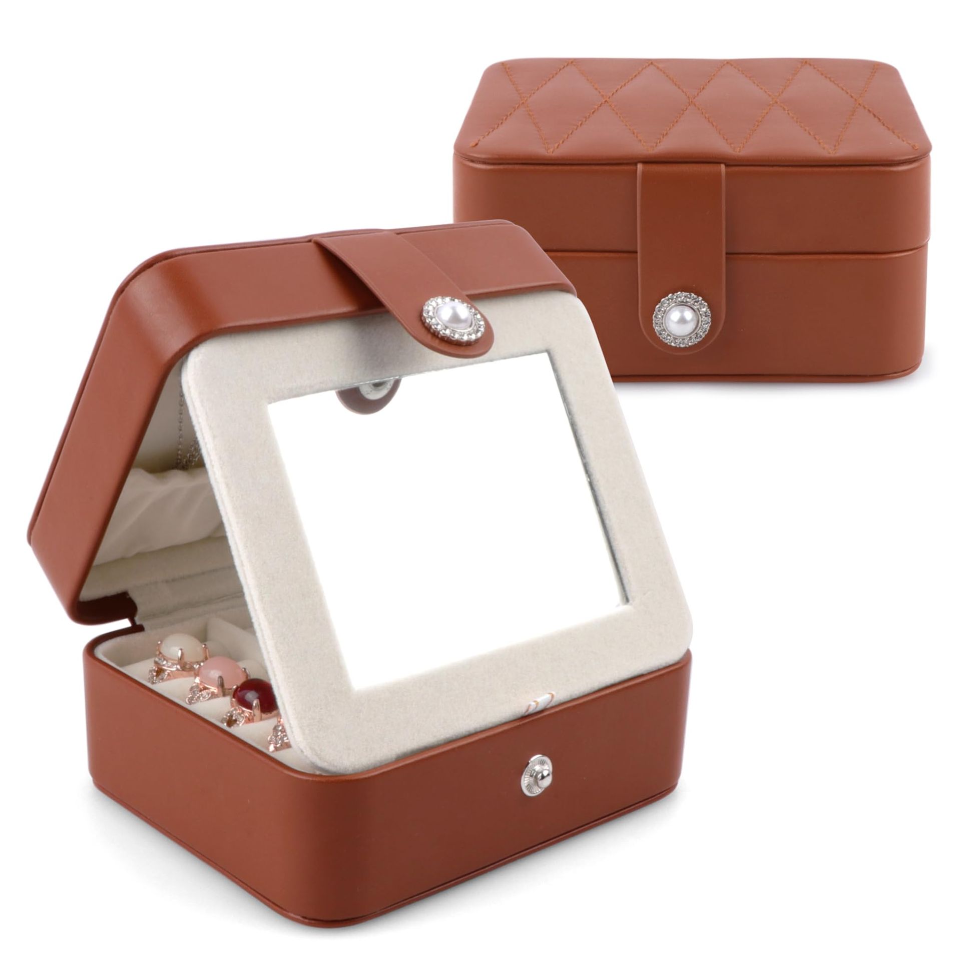 Travel Jewellery Box Organiser PU Leather with Mirror for Rings Earrings Necklaces - Brown S12.5x10.5