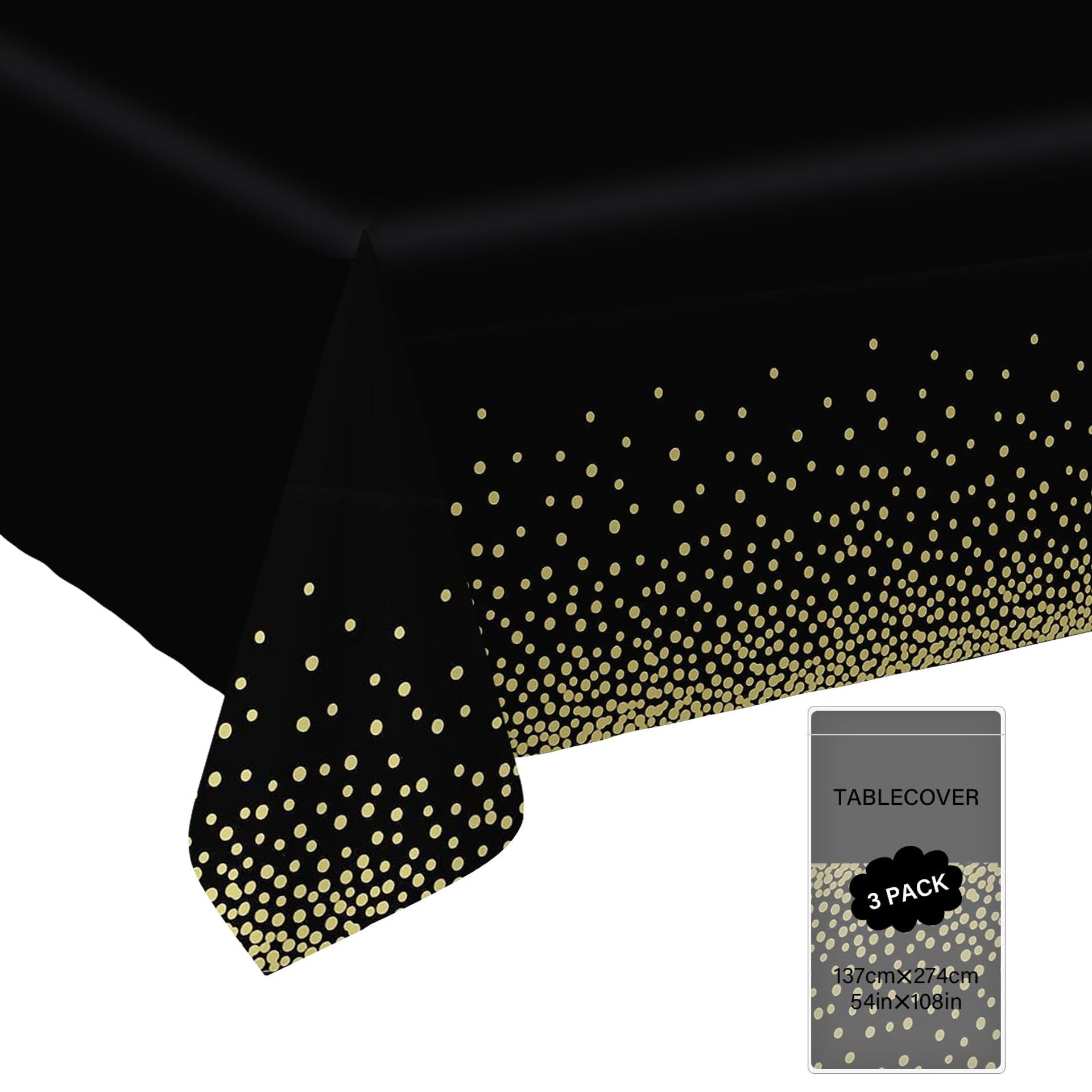 Premium Black Gold Dot Plastic Table Cloths (54" x 108") - 3 Pack, Waterproof & Disposable for Parties & Events